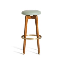 Hermione Bar Stool Handmade Teak Brass and Leather, Contemporary Style, In Stock