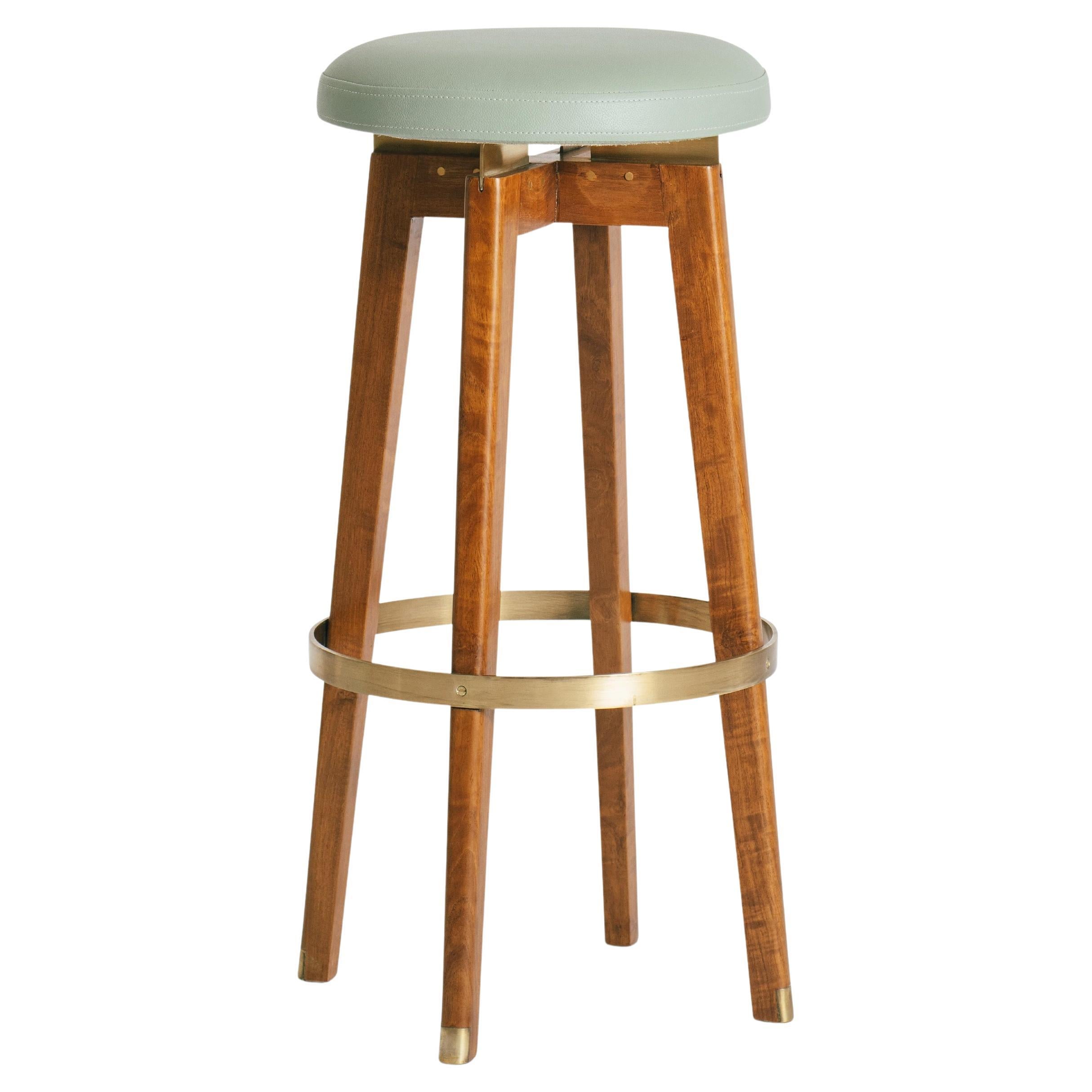 Hermione Bar Stool Handmade Teak Brass and Leather, Contemporary Style, In Stock in vendita