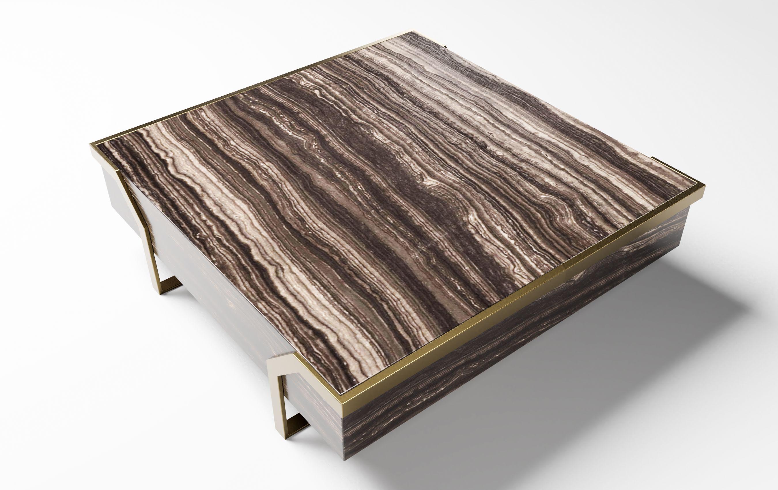 HERMOSA COFFEE TABLE - Modern Design with Tobacco Marble Body and Lacquered Legs In New Condition In Laguna Niguel, CA