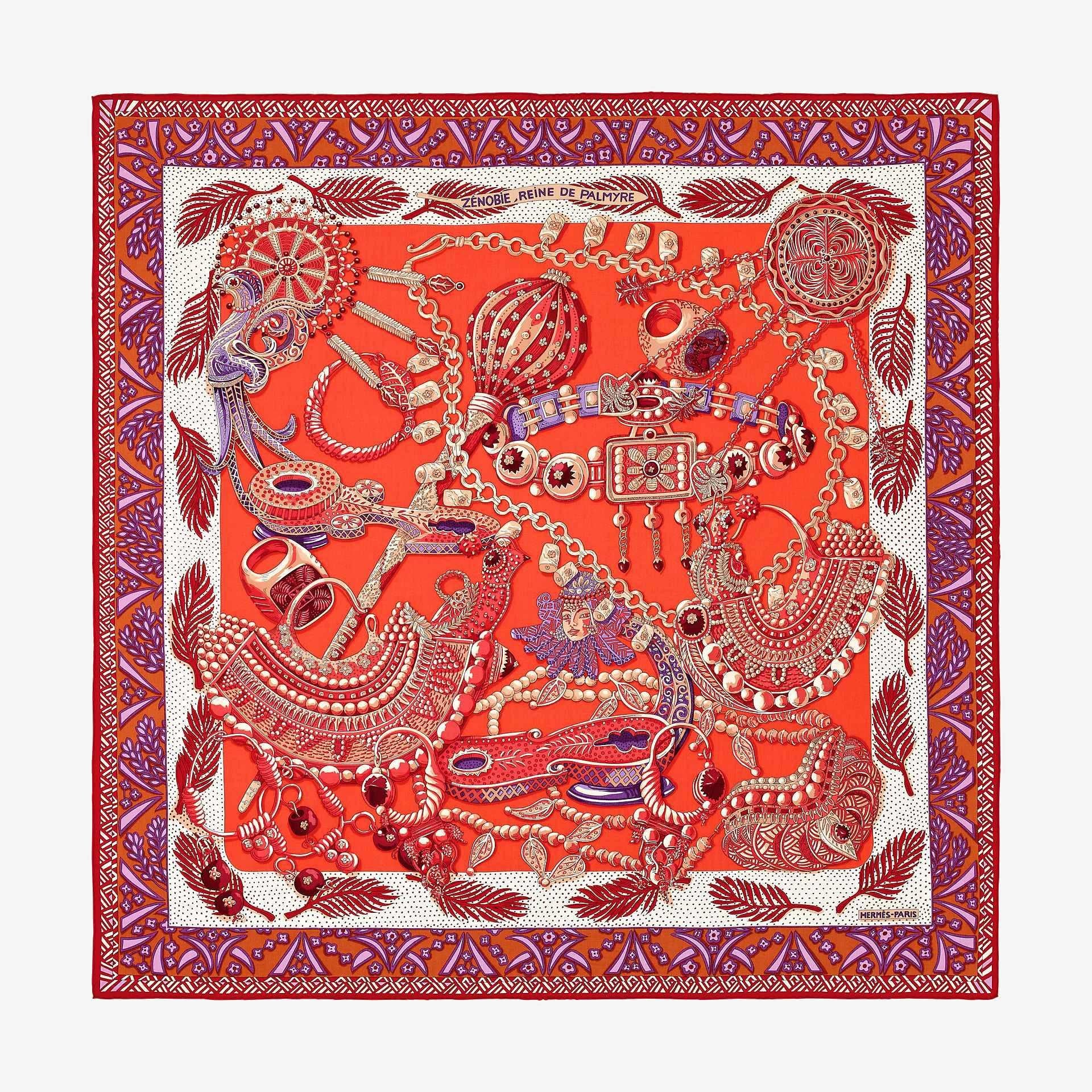 Designed By Annie Faivre
Zenobie Reine de Palmyre
Actual Collection
Size 140 cm x 140 cm 
Copyright and Signature 
Color : multicolor - Red / orange / violet
Sorry no Box 
Customs fees and vat are included.
Thank you for visiting my shop !