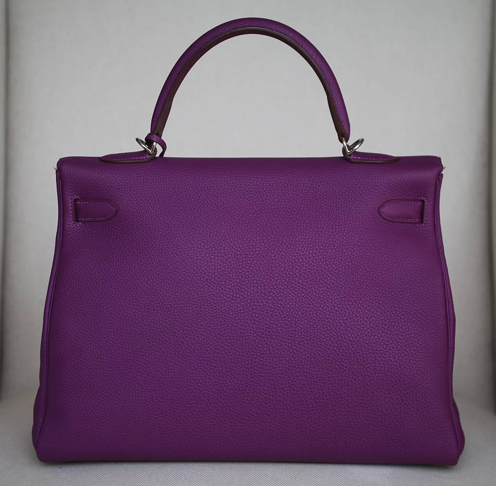 Hermès 35CM Violet Togo Leather Silver H/W Kelly Bag In Excellent Condition In London, GB