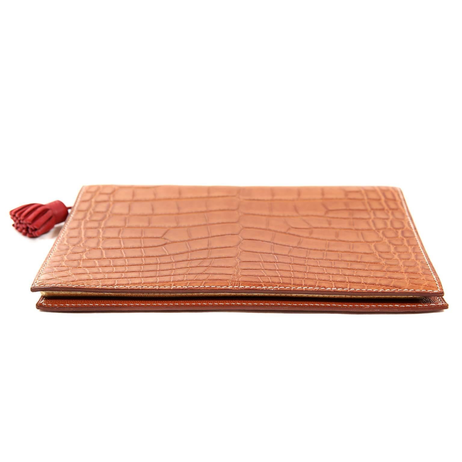 Hermès Barenia Tanned Alligator Agenda Cover- PRISTINE
Alligator is one of the world’s most exclusive leathers.  Only the finest skins are utilized showing every detail. It is the penultimate of luxury items.
Square symbol next to Hermès stamp