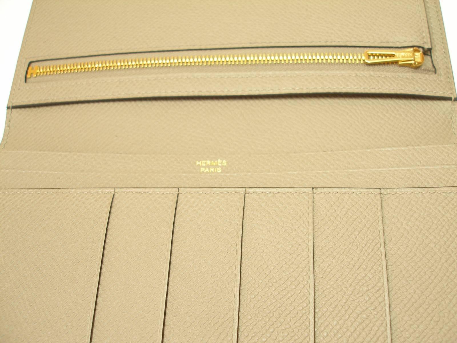 Hermès Béarn Soufflet Wallet Gris Asphalte Epsom Leather Gold H claps Like New  10