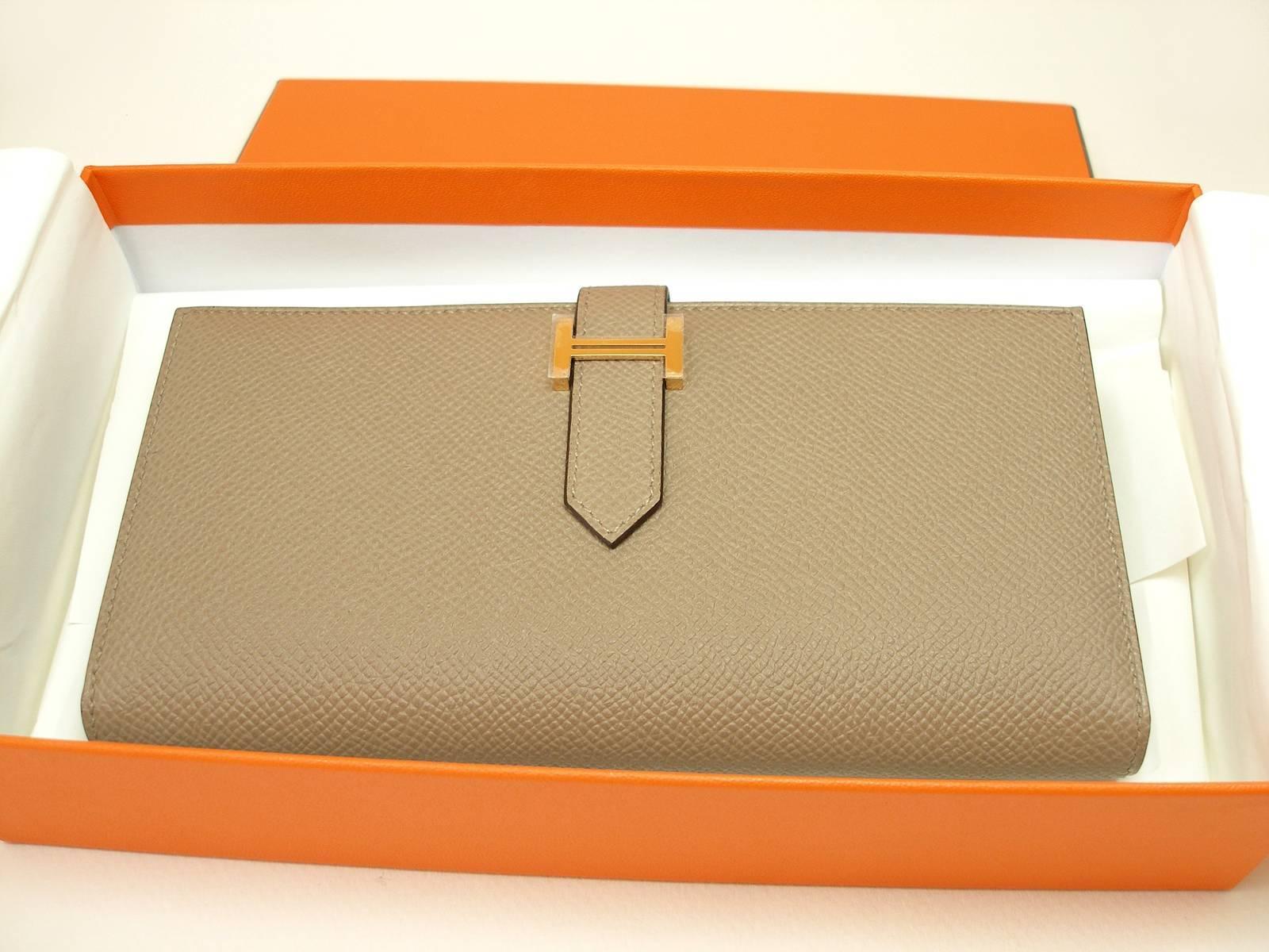 Hermès Béarn Soufflet Wallet Gris Asphalte Epsom Leather Gold H claps Like New  2