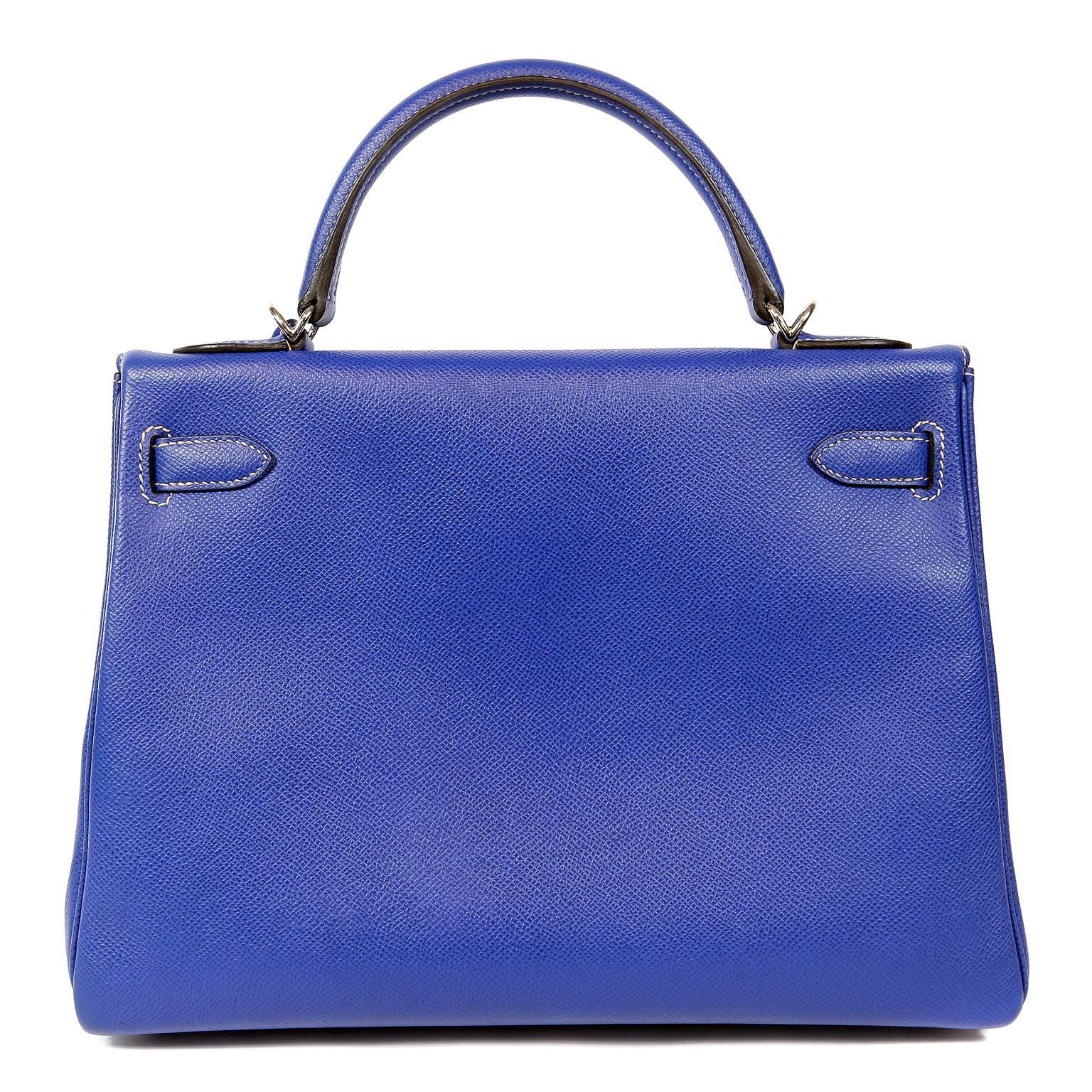 Hermès Bleu Electrique 32 cm Epsom Bi Color Kelly- Pristine Condition
Hermès bags are considered the ultimate luxury item worldwide.  Each piece is handcrafted with waitlists that can exceed a year or more. From the Candy Collection, this rare Kelly