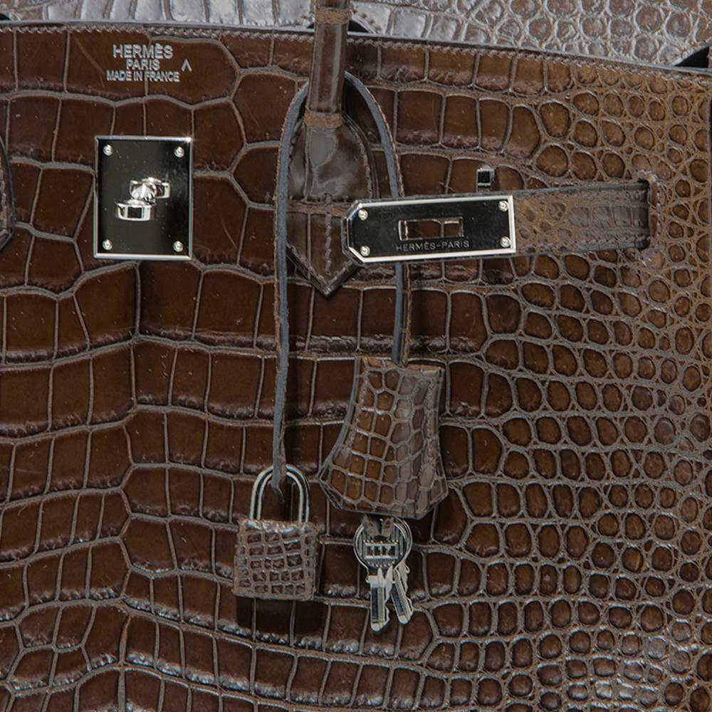 Black Hermès Chocolate Brown Matte Porosus Crocodile 35cm Birkin Bag