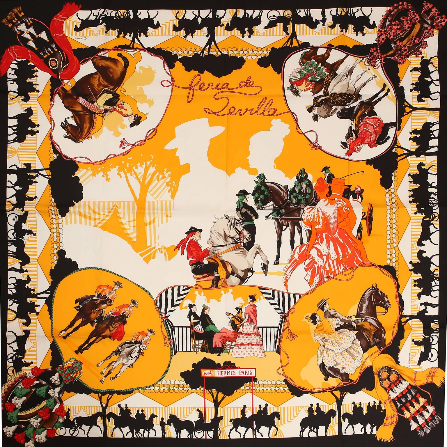 Hermès Feria de Sevilla 90 cm Silk Scarf - Pristine
Designed by H. de Watrigant.    Equestrian themed print celebrating the annual Seville Fair in Seville, Spain.  Black border with white background, golden yellow, red and orange accents.  Unique