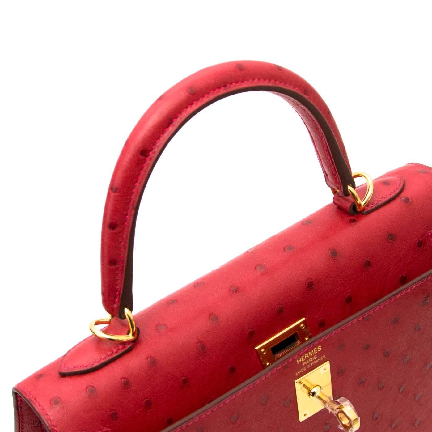 Women's Hermès Sellier 25 Autruche Rouge Vif GHW Kelly Bag