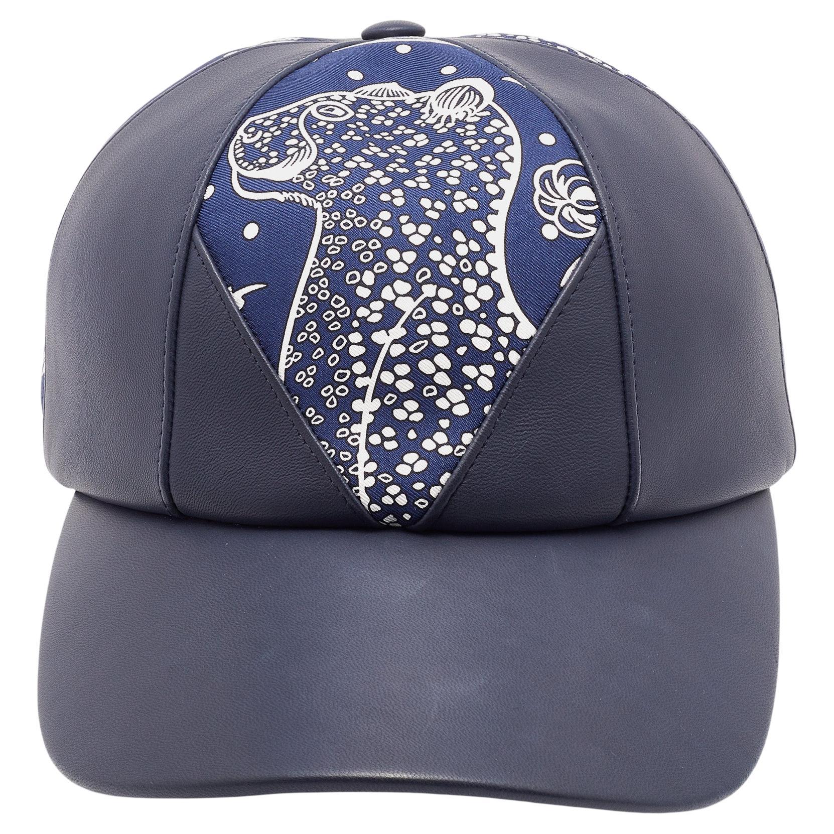 Herms Navy Blue Leather & Thelma Les Leopards Silk Baseball Cap 57
