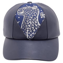 Herms Navy Blue Leather & Thelma Les Leopards Silk Baseball Cap 57