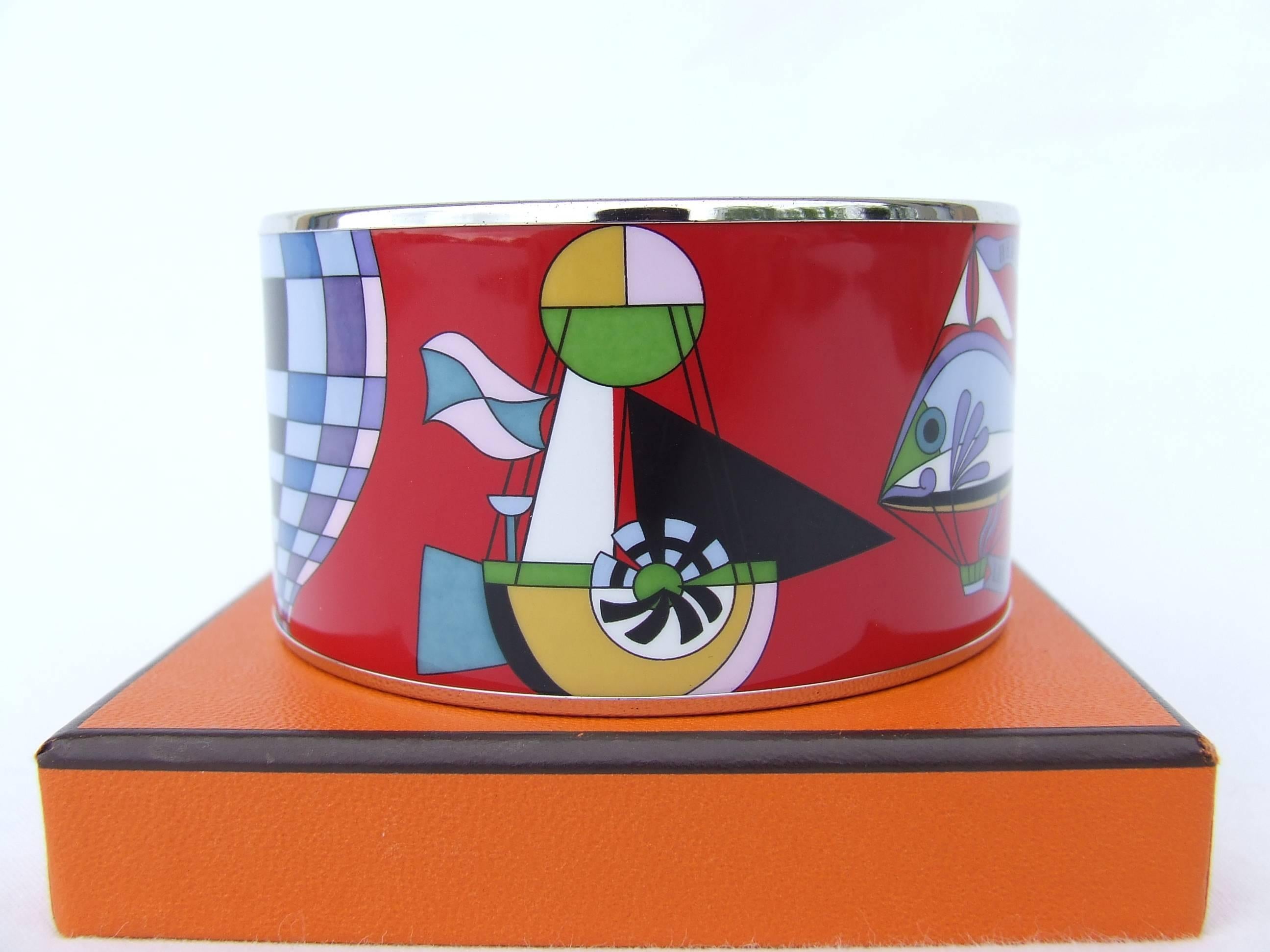 Hermès Printed Enamel Bracelet Les Folies Du Ciel Extra Wide PHW Size 70 RARE 1