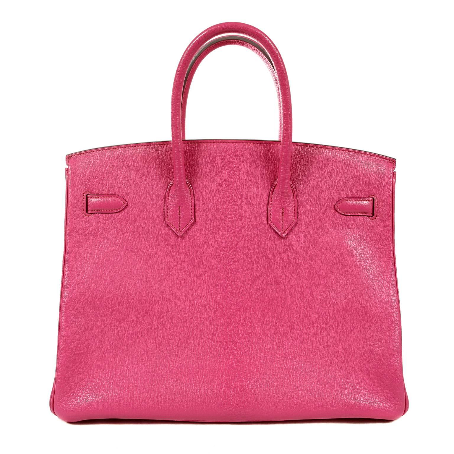 Hermès Rose Shocking Chevre Leather 35 cm Birkin Bag- NEW; Never Carried
  Hermès bags are considered the ultimate luxury item worldwide.  Each piece is handcrafted with waitlists that can exceed a year or more.  Rose Shocking is vibrant and