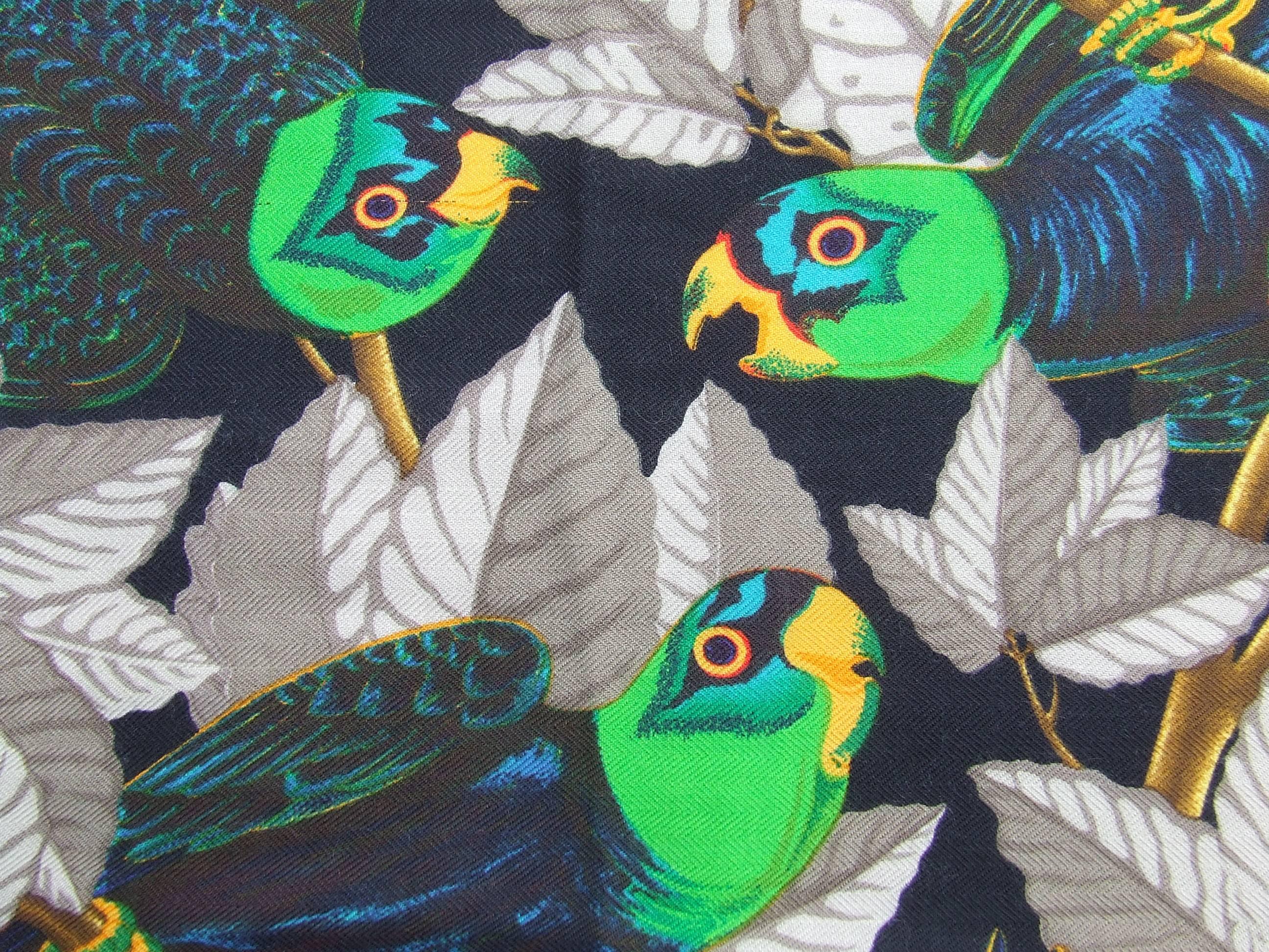 Brown Hermès Les Perroquets Parrots Metz Cashmere Silk 90 cm  Scarf Wrap Shawl For Sale