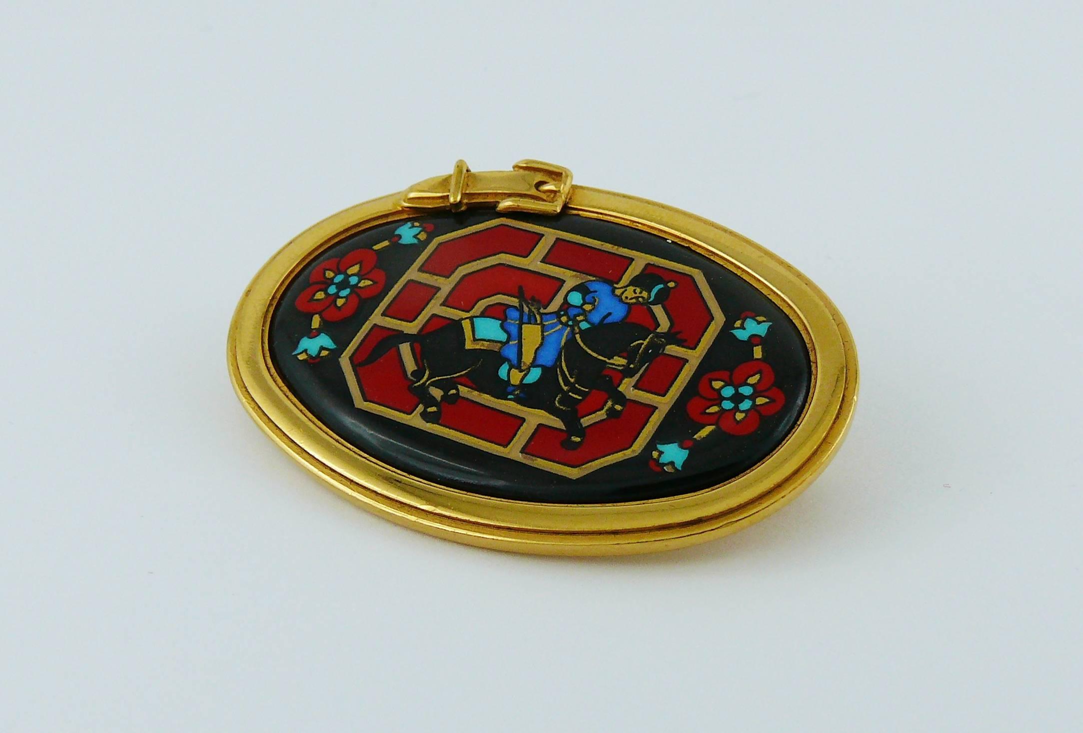 Hermès Vintage Orient Equestrian Enamel Brooch with Buckle Design In Good Condition In Nice, FR