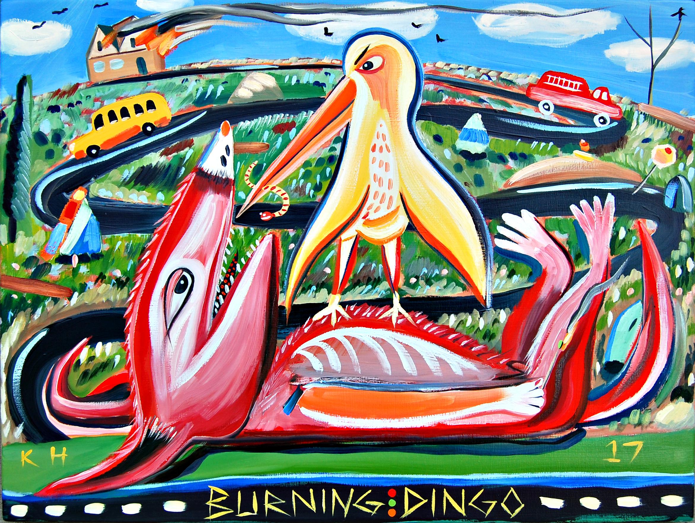 Hermzoo Landscape Painting - "Burning Dingo" Oil Painting - (Basquiat, folk art, Americana, Appalachia))