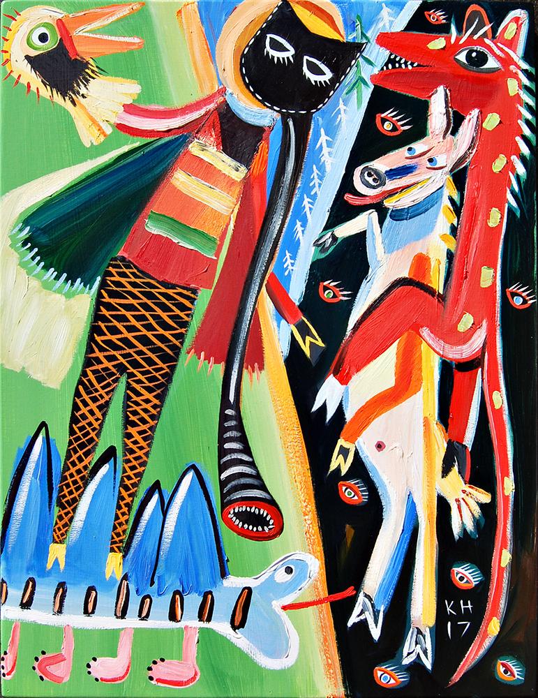 Hermzoo Landscape Painting - "Talk to the Duck" Oil Painting - (Basquiat, folk art, Americana, Appalachia)