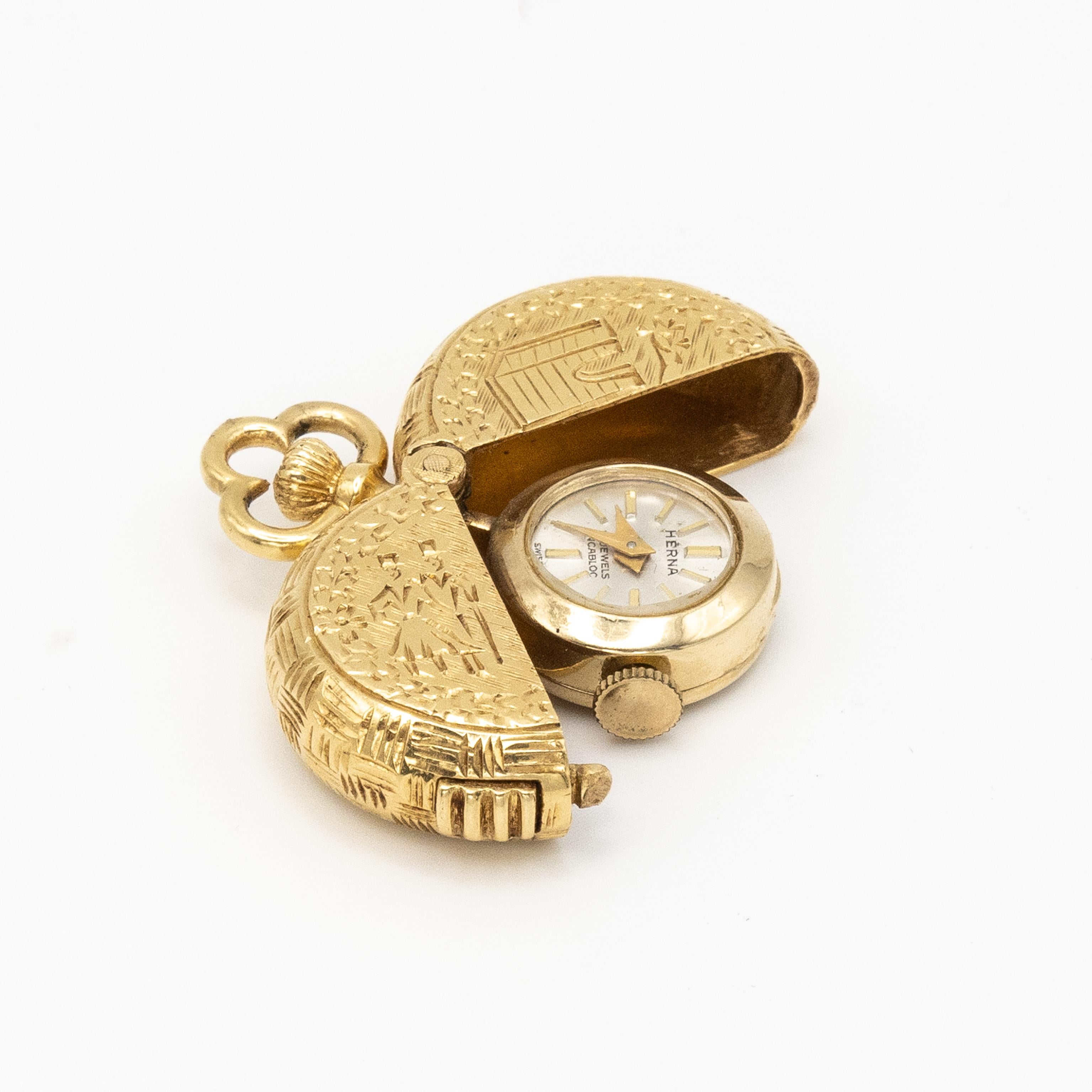 Herna 14K YG  Pocket Watch with 18K Gold Engraving Hinged Cover en venta 5