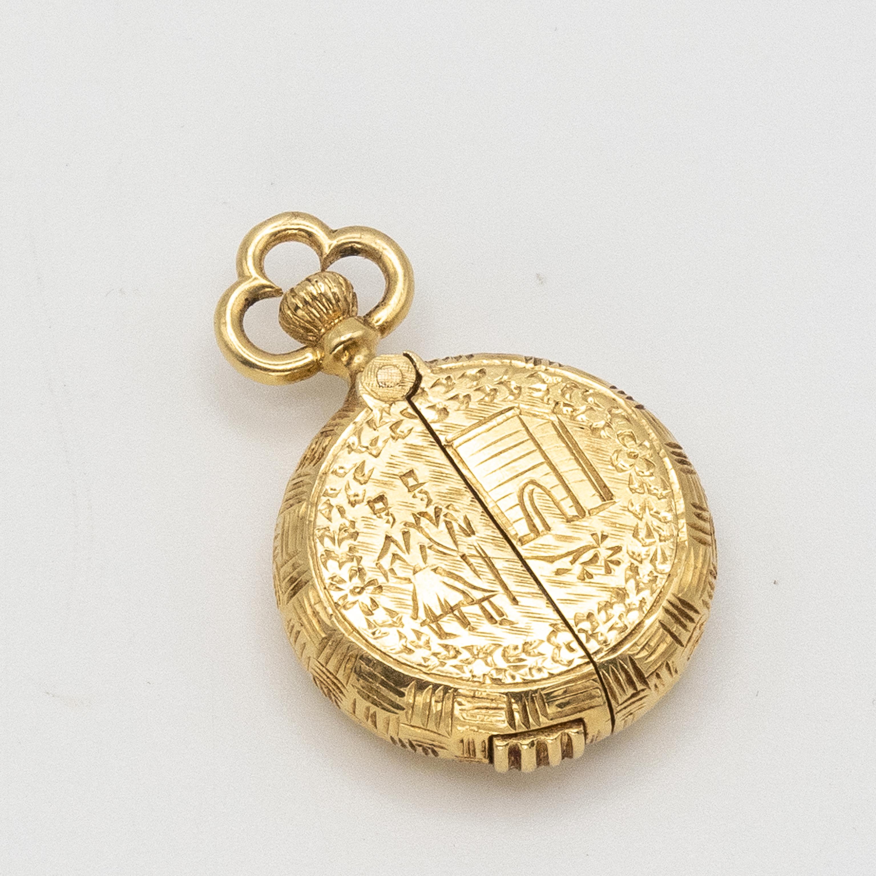 Herna 14K YG  Pocket Watch with 18K Gold Engraving Hinged Cover en venta 9