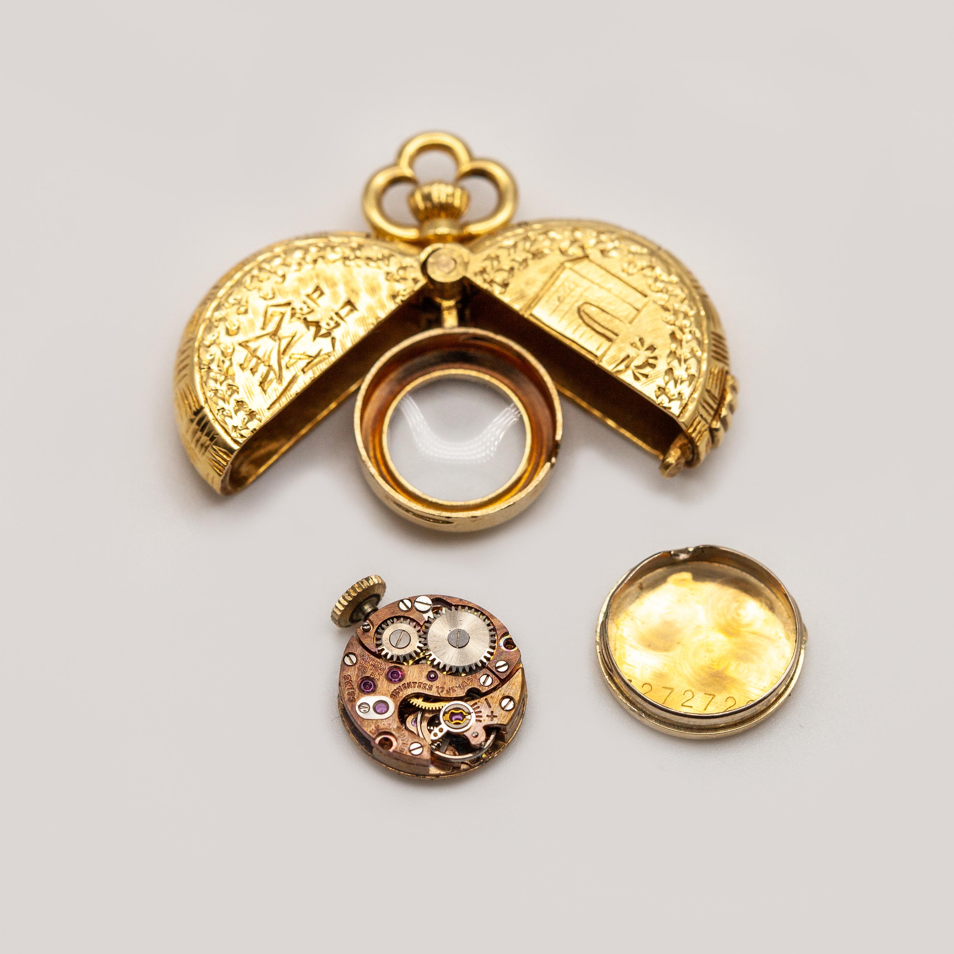 Herna 14K YG  Pocket Watch with 18K Gold Engraving Hinged Cover en venta 13