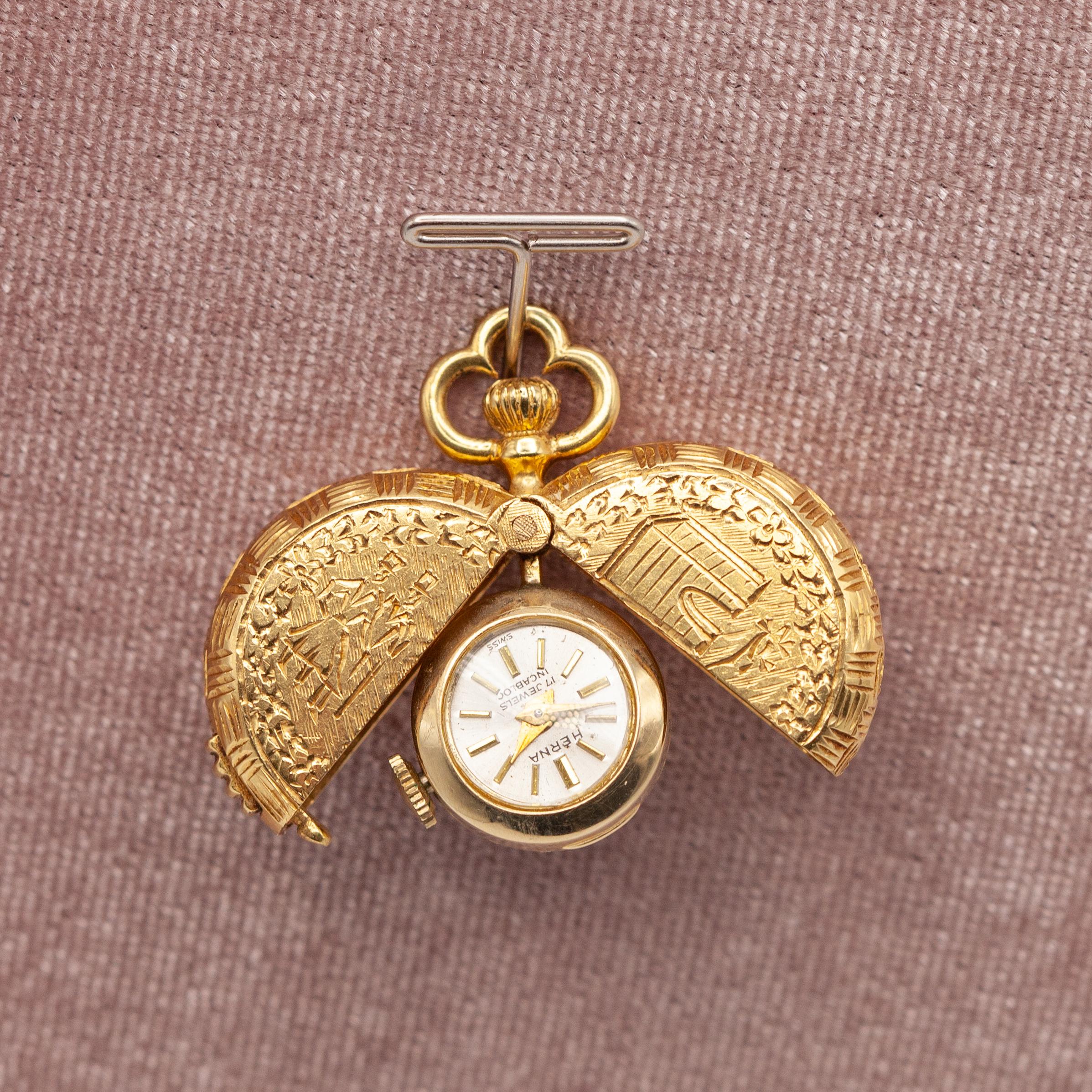 Herna 14K YG  Pocket Watch with 18K Gold Engraving Hinged Cover en venta 1