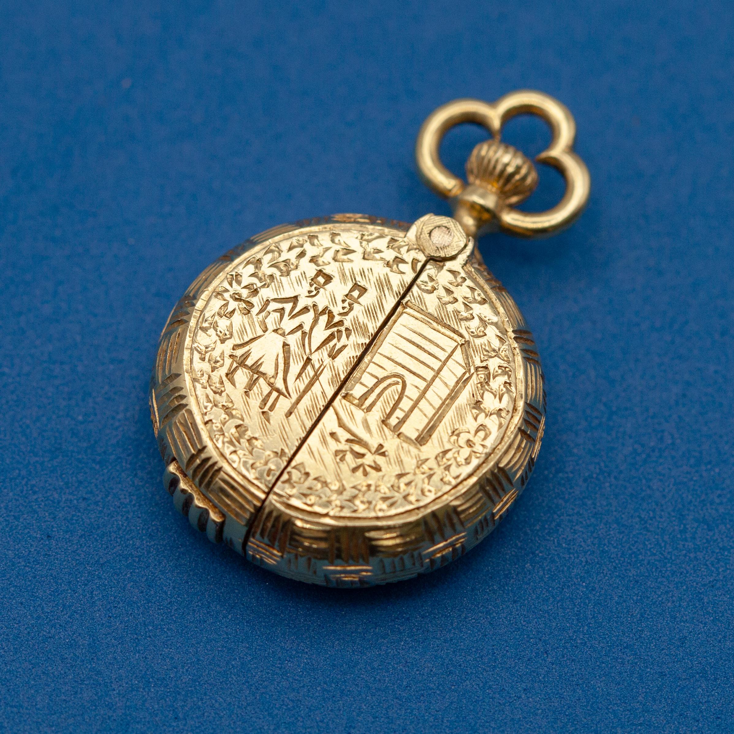 Herna 14K YG  Pocket Watch with 18K Gold Engraving Hinged Cover en venta 2