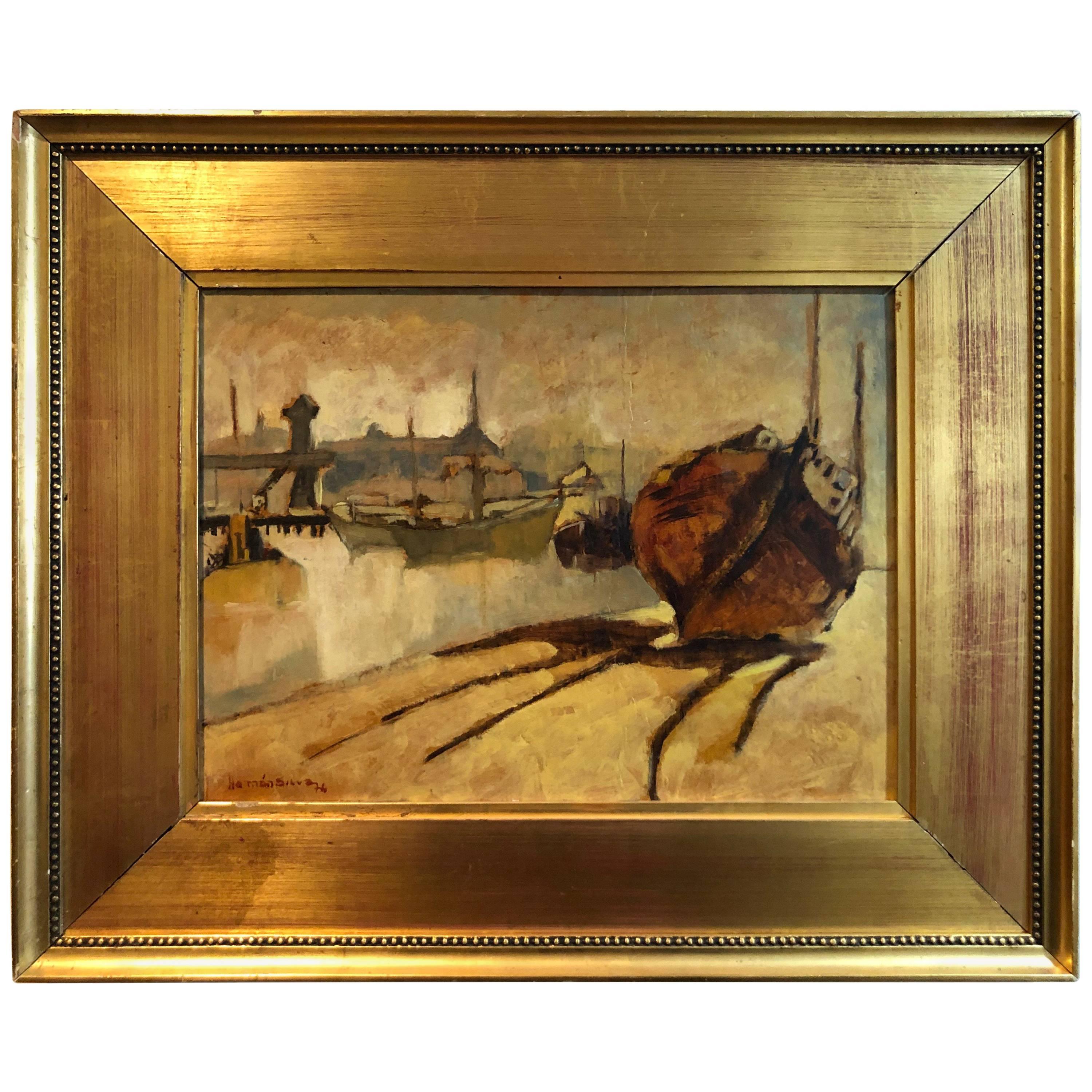 Peinture à l
huile impressionniste sur panneau d
un front de mer d
Hernan Silva