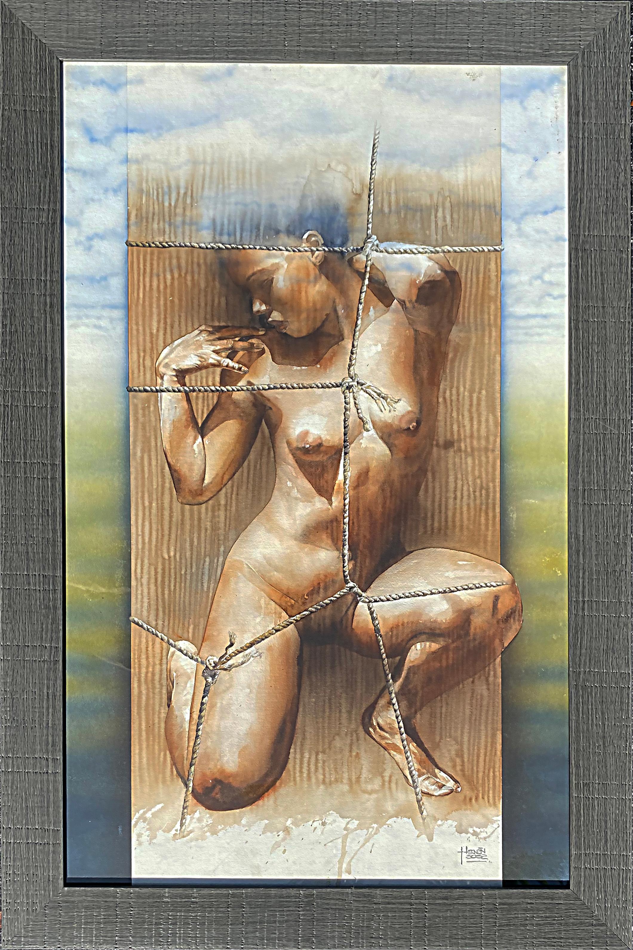 Peint à la main Hernán Sosa Peinture aquarelle nue sur papier encadrée sous verre #2 en vente