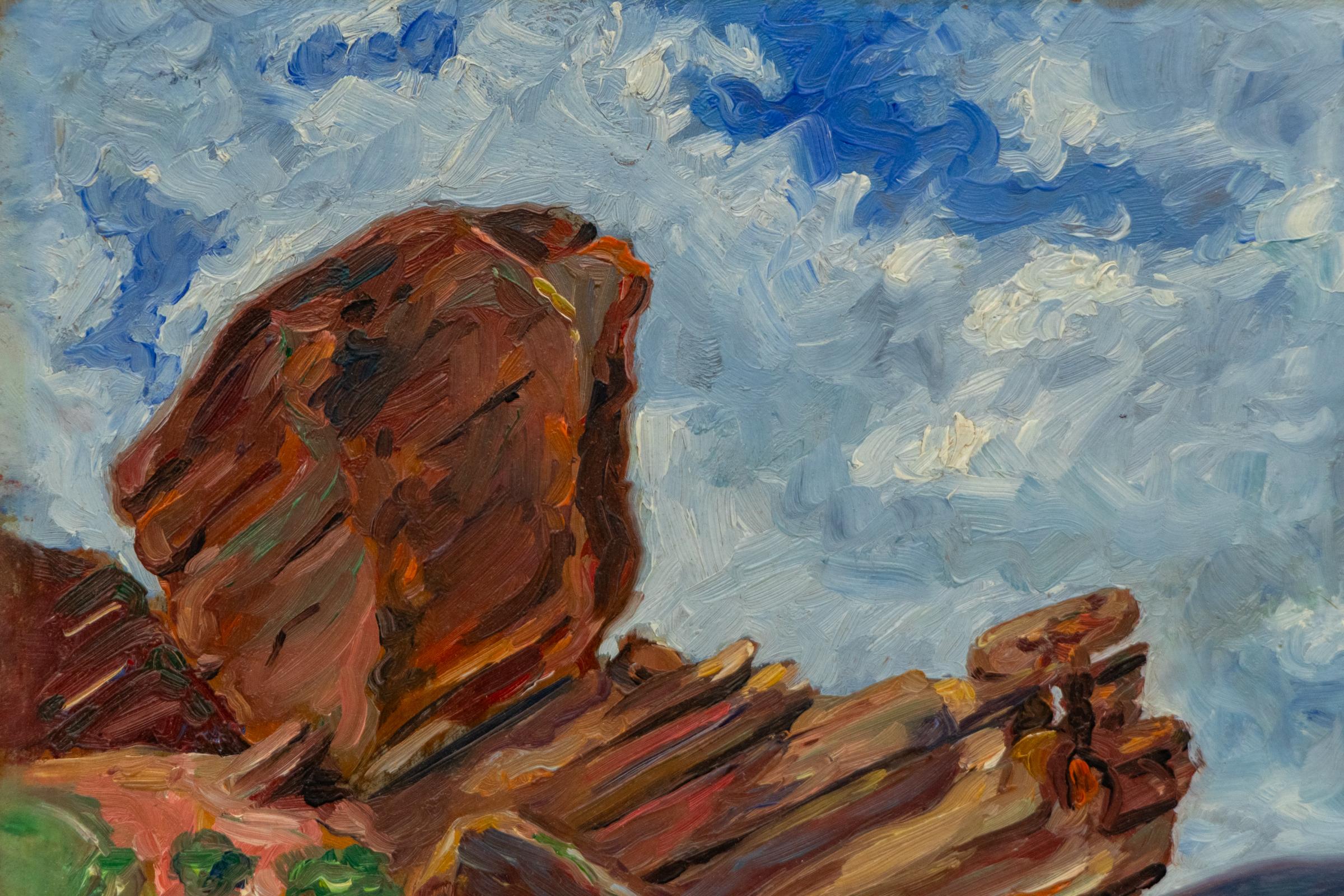Un eccezionale dipinto paesaggistico originale dell'acclamato artista del Colorado Herndon Davis (1901-1962), che mostra la drammatica bellezza naturale del Red Rocks Park, situato vicino a Morrison, in Colorado. Eseguita a olio su tavola,