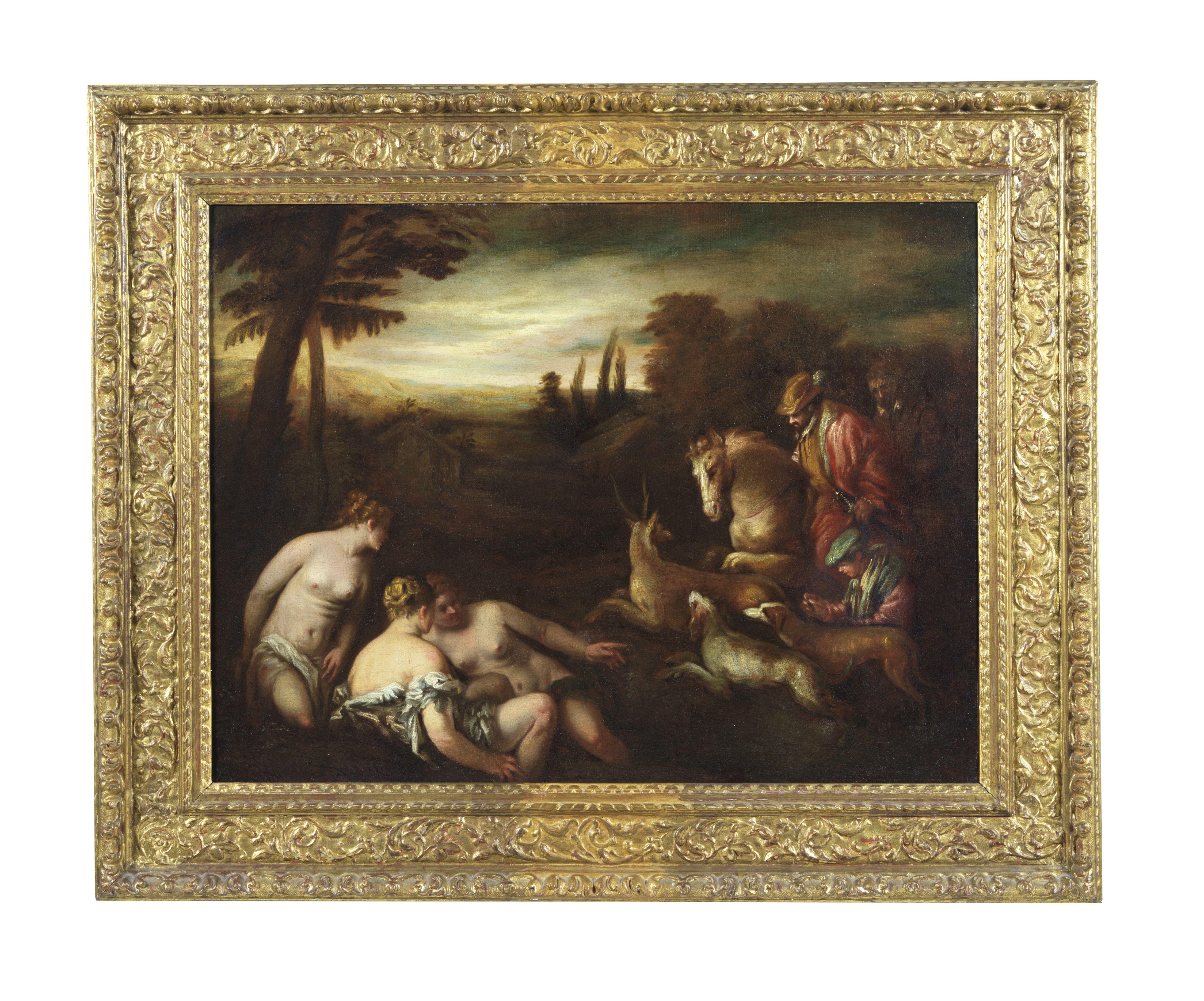 17th Century Diana and Actaeon  Hernest Daret Mythological Oil on Canvas Green For Sale 1