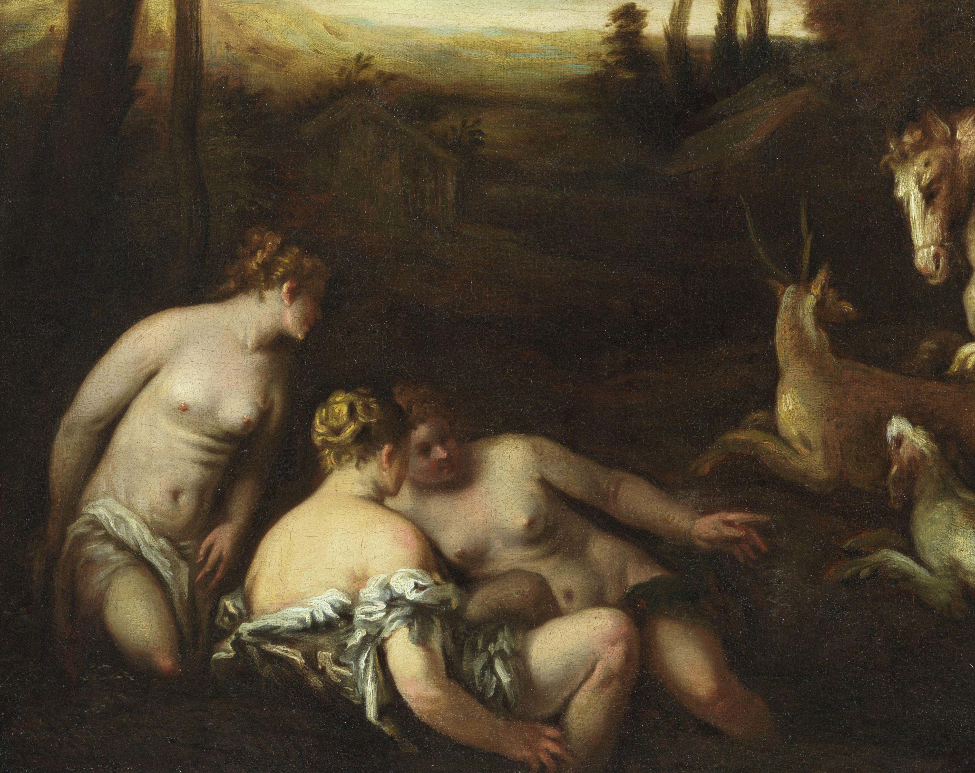 17th Century Diana and Actaeon  Hernest Daret Mythological Oil on Canvas Green For Sale 3