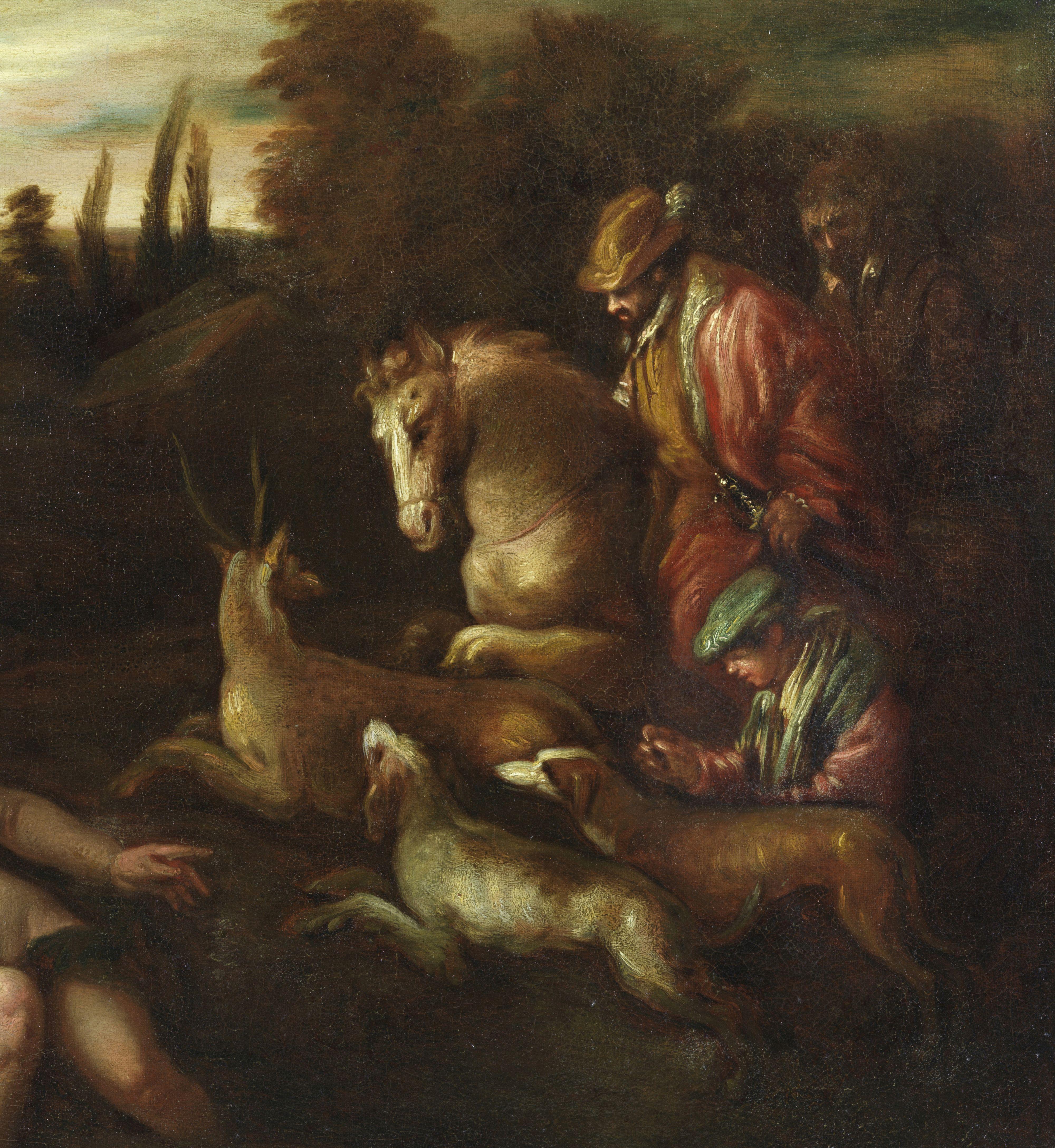 17th Century Diana and Actaeon  Hernest Daret Mythological Oil on Canvas Green For Sale 4