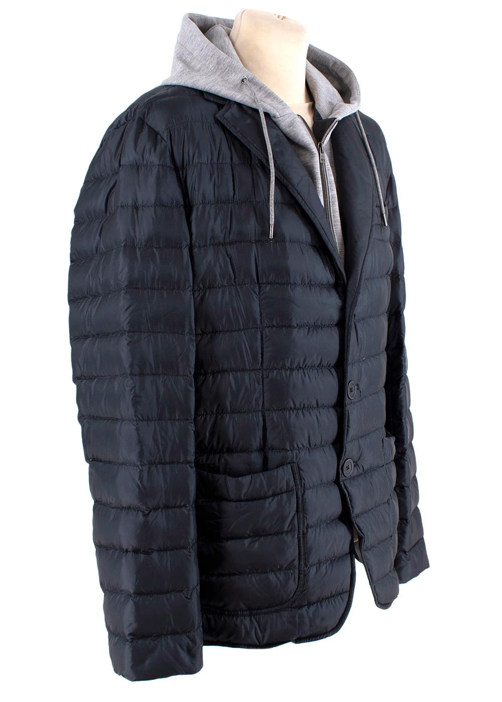 Herno Navy Hooded Hybrid Quilted Jacket

- Classic, notch lapel lightweight quilted jacket with a faux 'hoodie' inset giving the appearance of a layered look
- Grey marl hooded insert is fully removable 
- Hooded insert is zip-through, whilst the