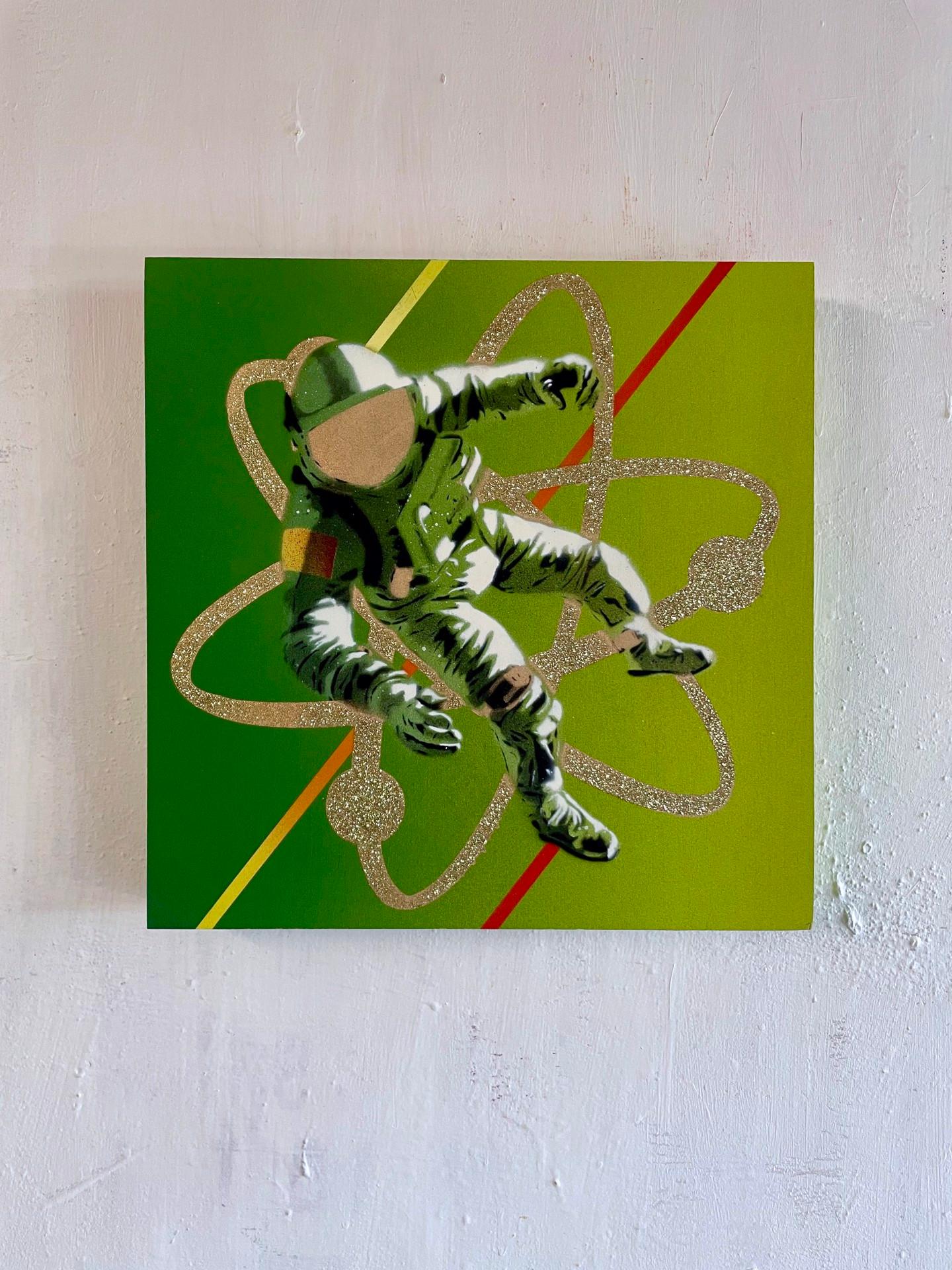 Le retour de Saturne - peinture d'espace futuriste contemporaine (vert et noir) - Painting de Hero