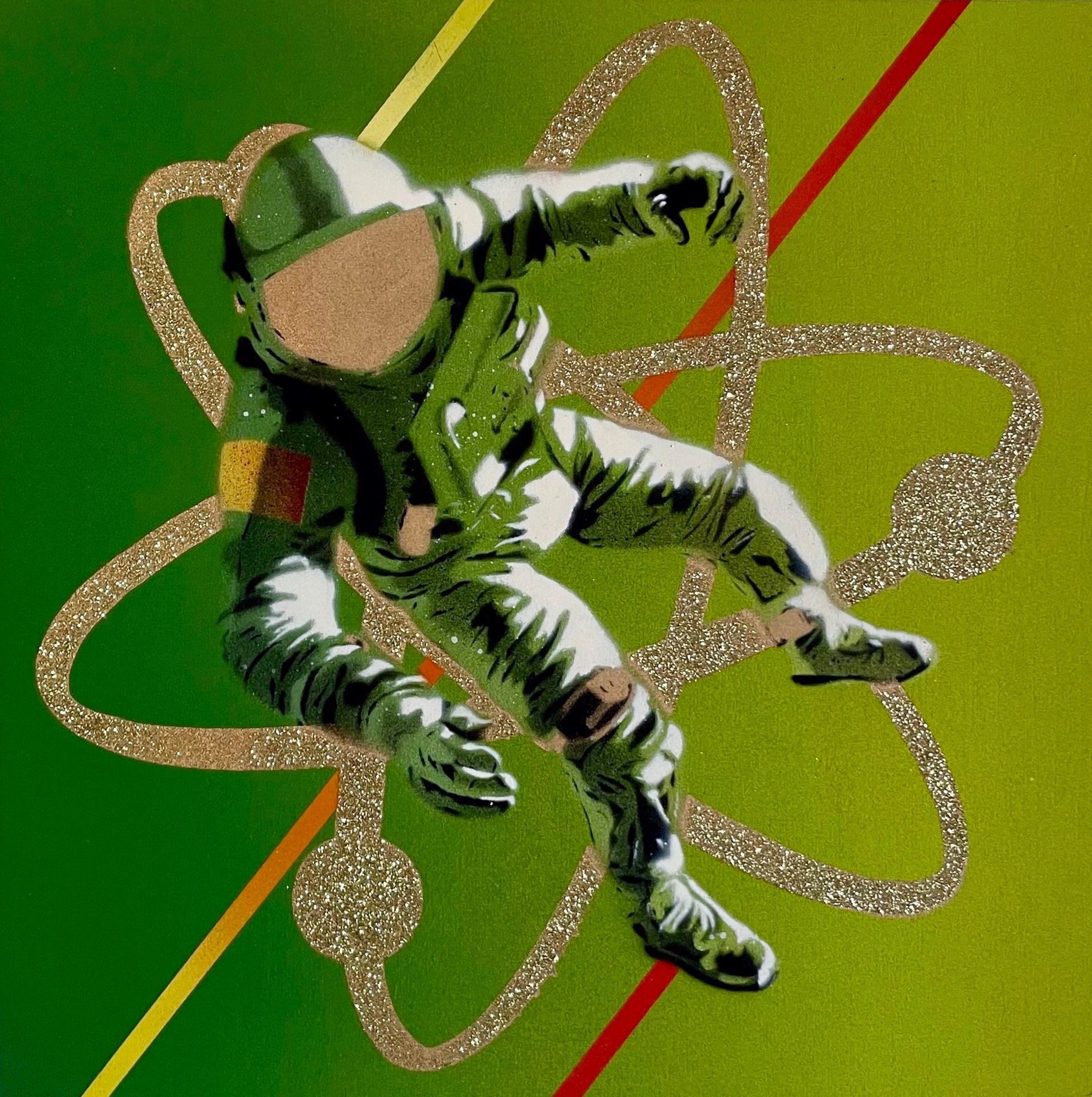 Hero Abstract Painting – Zeitgenössisches futuristisches Raumfahrtgemälde "Die Rückkehr des Saturns" (Grün+Schwarz)