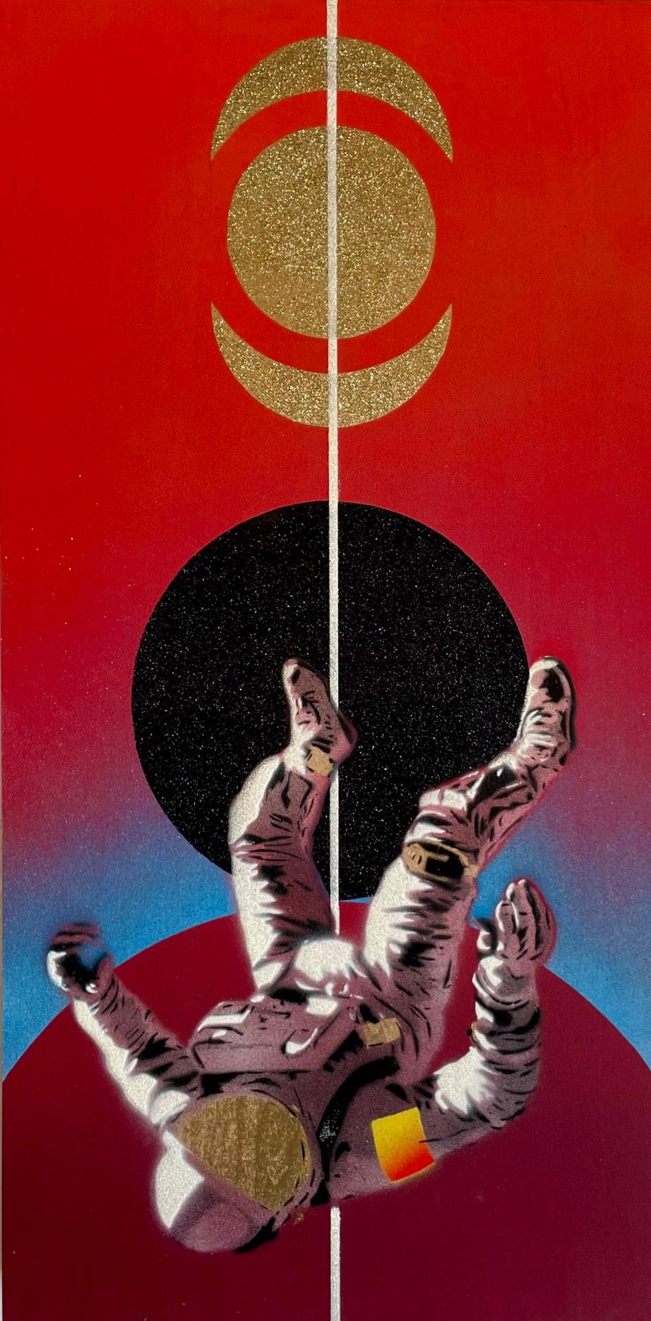 Tiros III - Zeitgenössisches futuristisches Raumfahrtgemälde (Rot+Blau+Schwarz+Gold) 