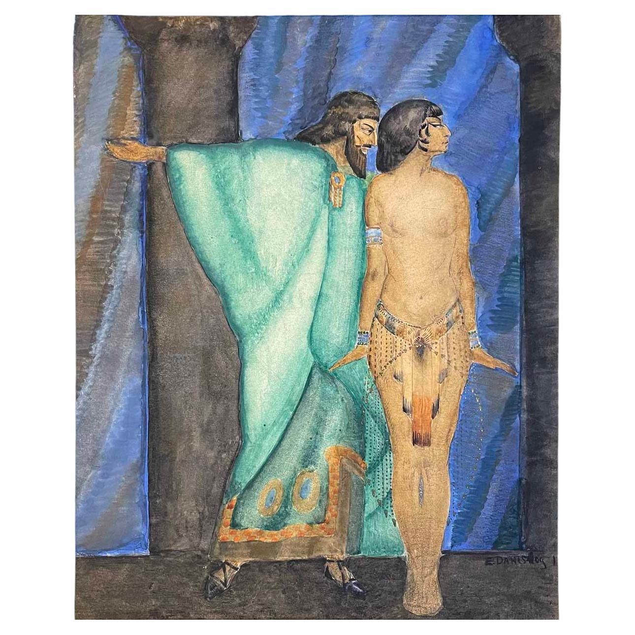 "Herod and Salome", Sensuous Art Nouveau/Art Deco Painting in Blue and Green