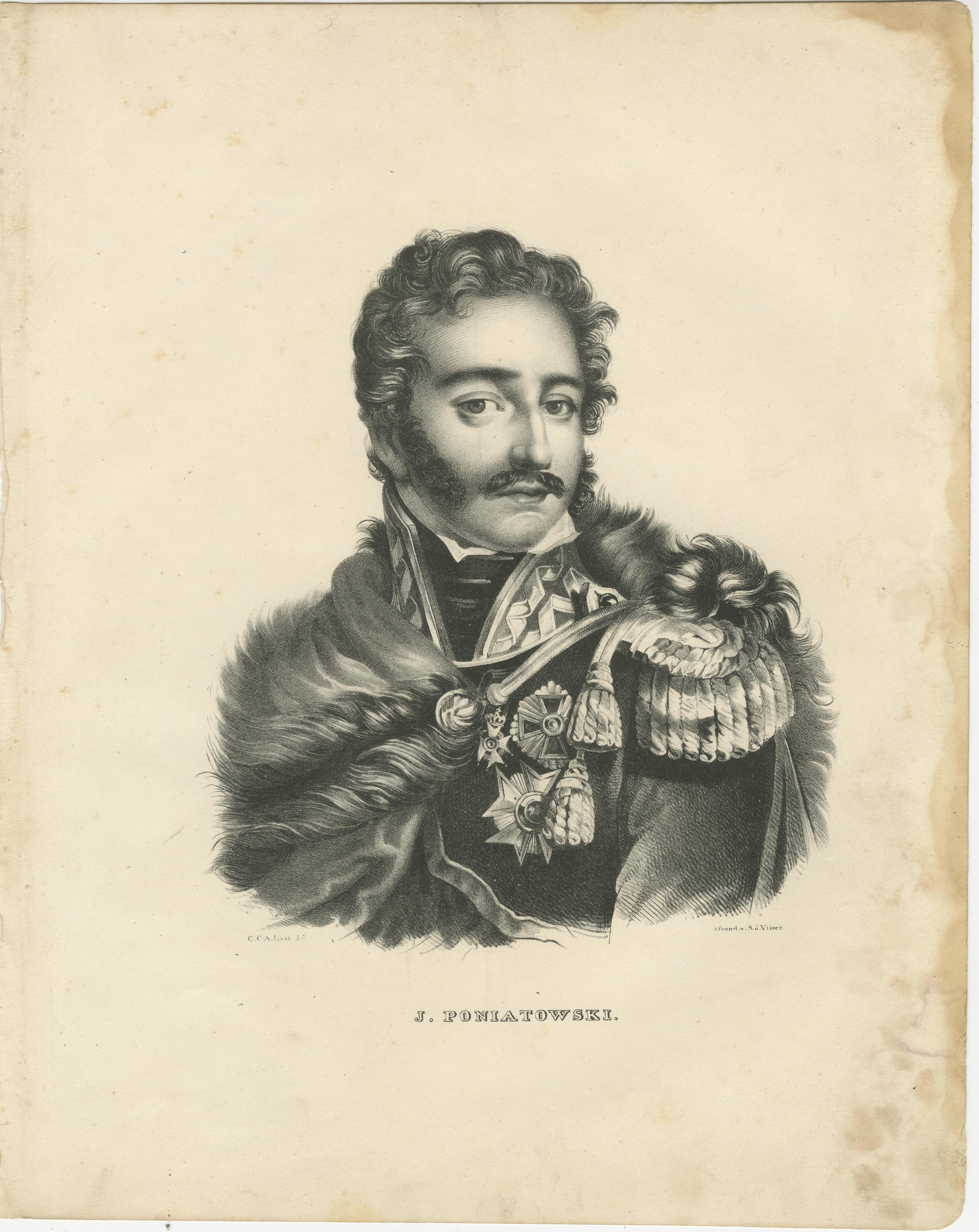 Retrato heroico del general polaco J. Poniatowski - Litografía de 1836 Papel en venta