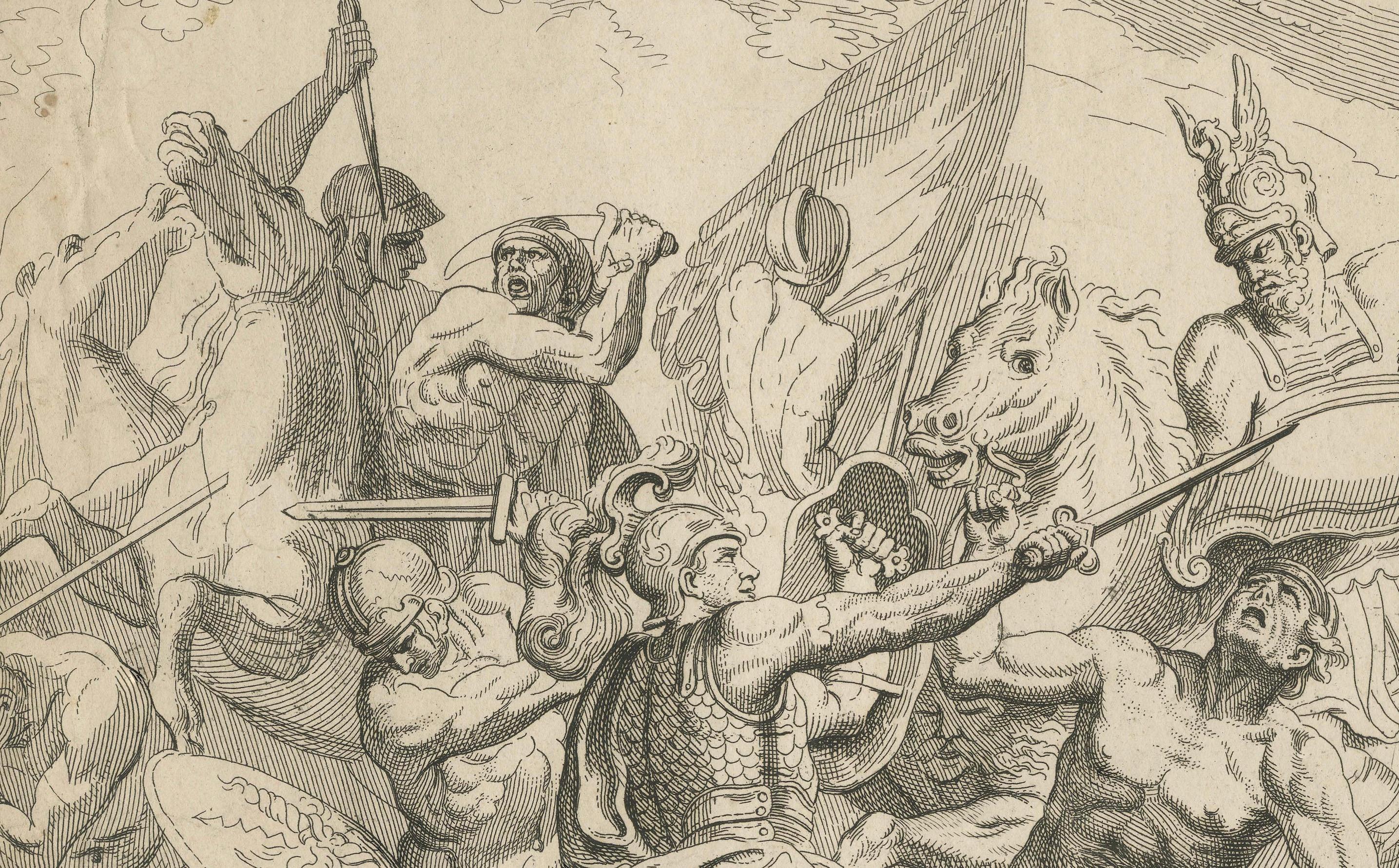 Heroic Roman Battle Scene, French Neoclassical Engraving, Napoleonic Era, 1804