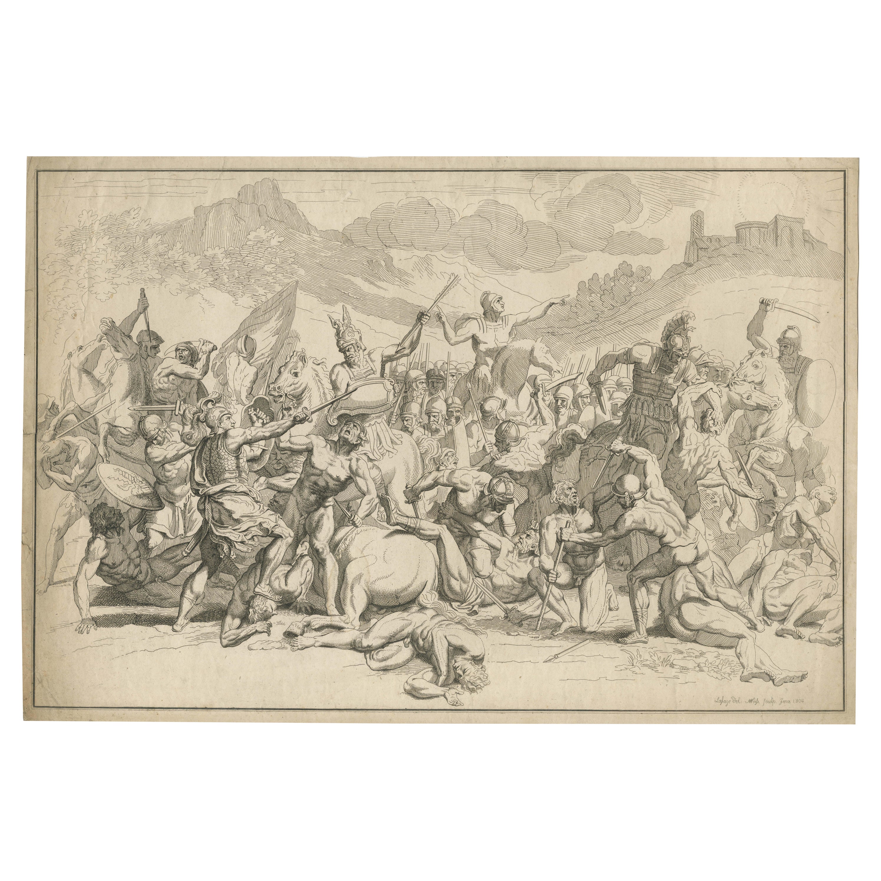 Heroic Roman Battle Scene, French Neoclassical Engraving, Napoleonic Era, 1804