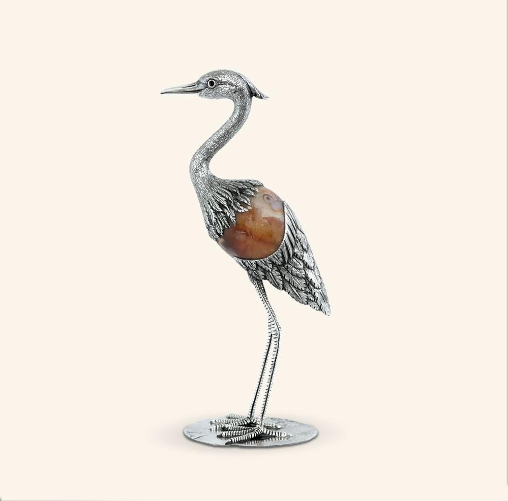 Portuguese Heron by Alcino Silversmith Handcrafted in Sterling Silver with Orange Agate For Sale