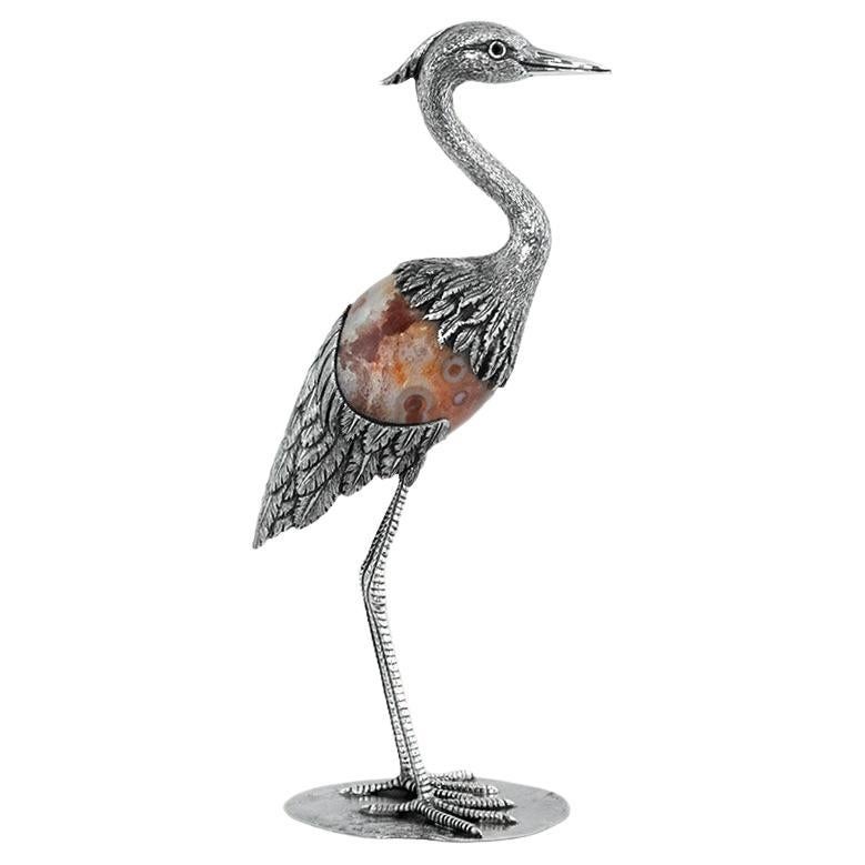 Heron by Alcino Silversmith Handcrafted in Sterling Silver with Orange Agate For Sale
