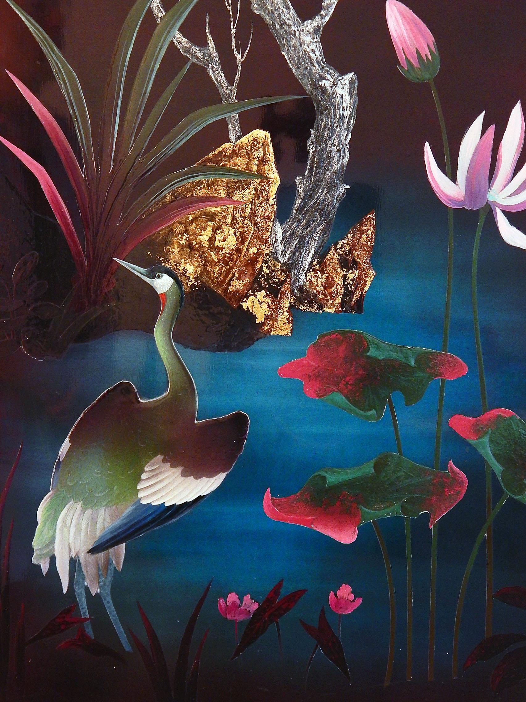 Influenced by the classic lacquer paintings of Jean Dunand and other great artists of France's Art Deco era, as well as the stylized landscapes of China and Japan, this glowing depiction of a heron amidst water lilies, a rose-hued tree and rocks
