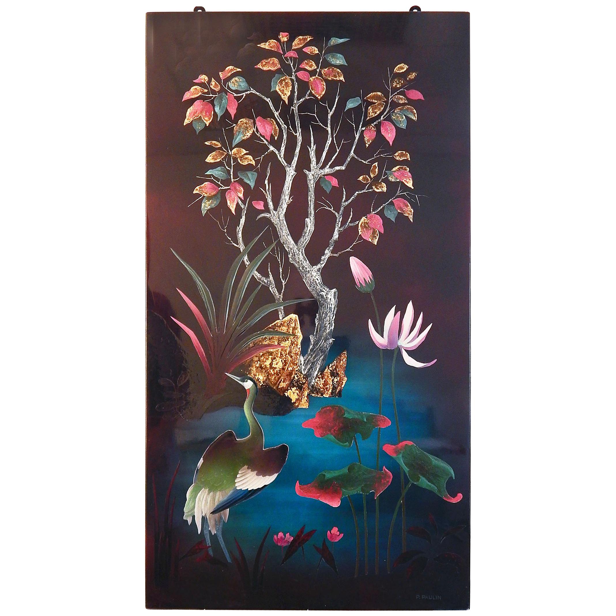 "Heron in Jeweled Landscape", Peinture rare en laque éclatante avec feuille d'or en vente