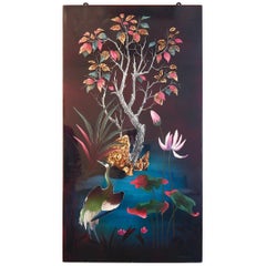 "Heron in Jeweled Landscape, " Rare, Glowing Lacquer Painting with Gold Leaf