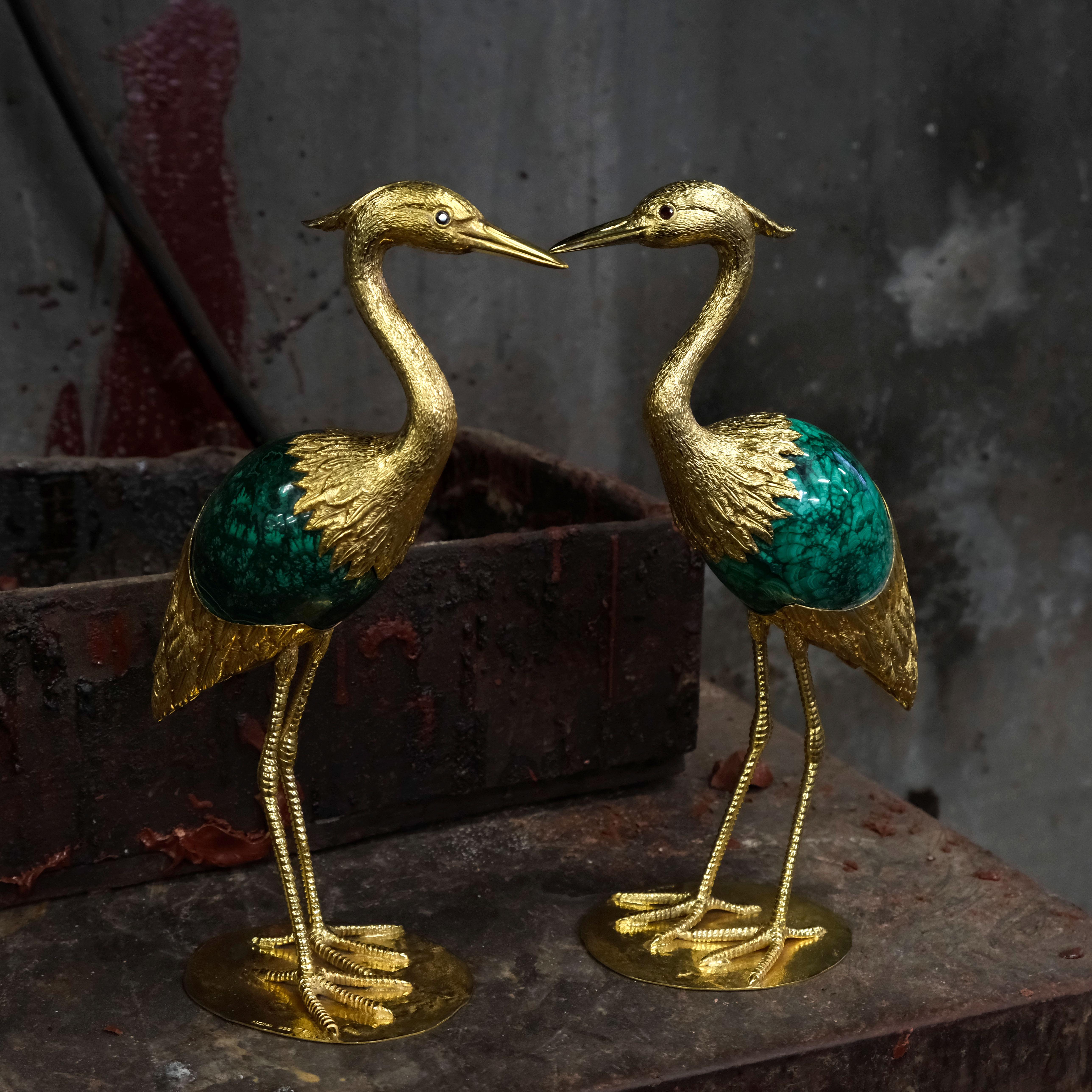 Portuguese Heron in Sterling Silver gold plated with malachite egg by Alcino Silversmith For Sale