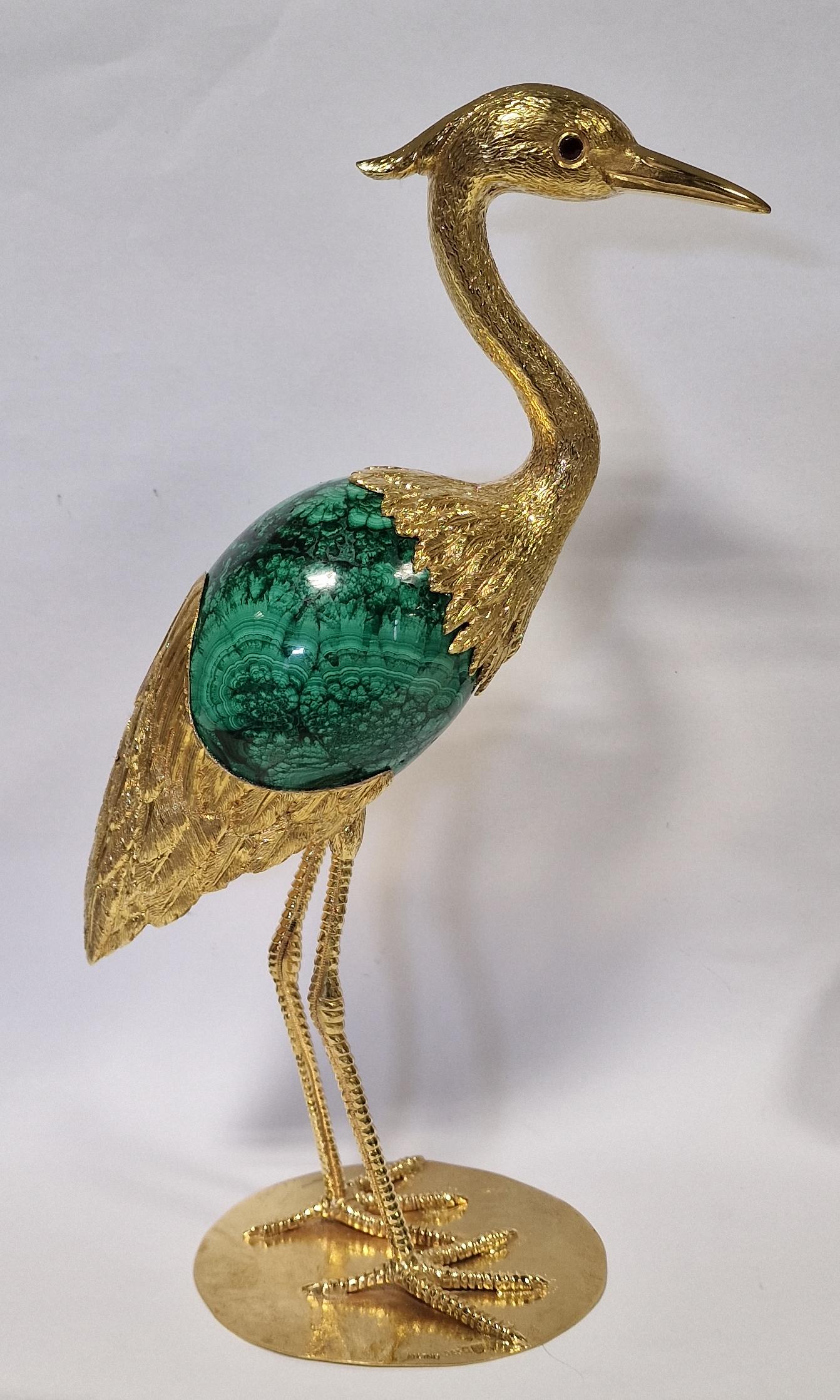 Portuguese Heron in Sterling Silver gold plated with malachite egg by Alcino Silversmith For Sale