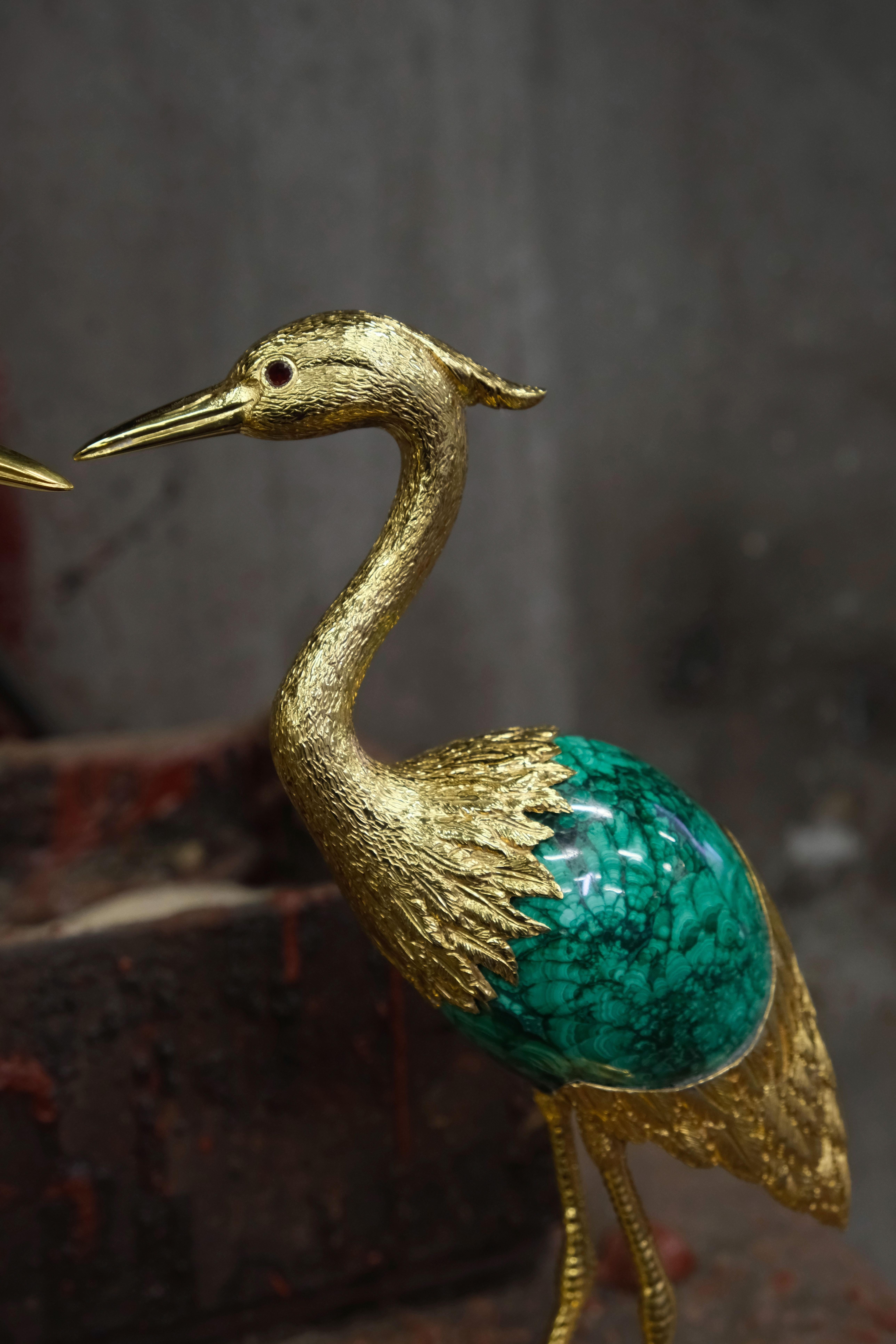 Hand-Crafted Heron in Sterling Silver gold plated with malachite egg by Alcino Silversmith For Sale