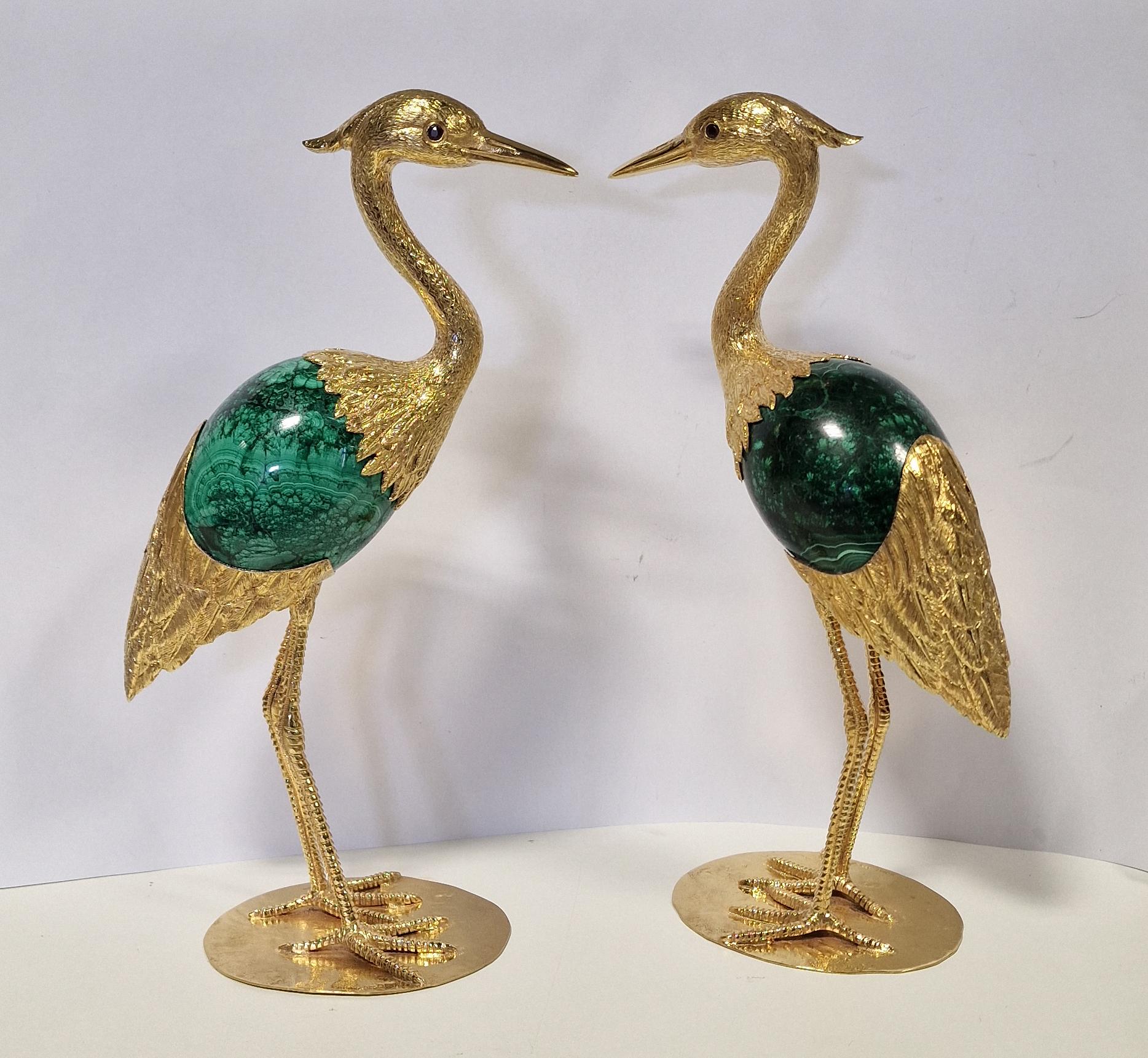 Hand-Crafted Heron in Sterling Silver gold plated with malachite egg by Alcino Silversmith For Sale