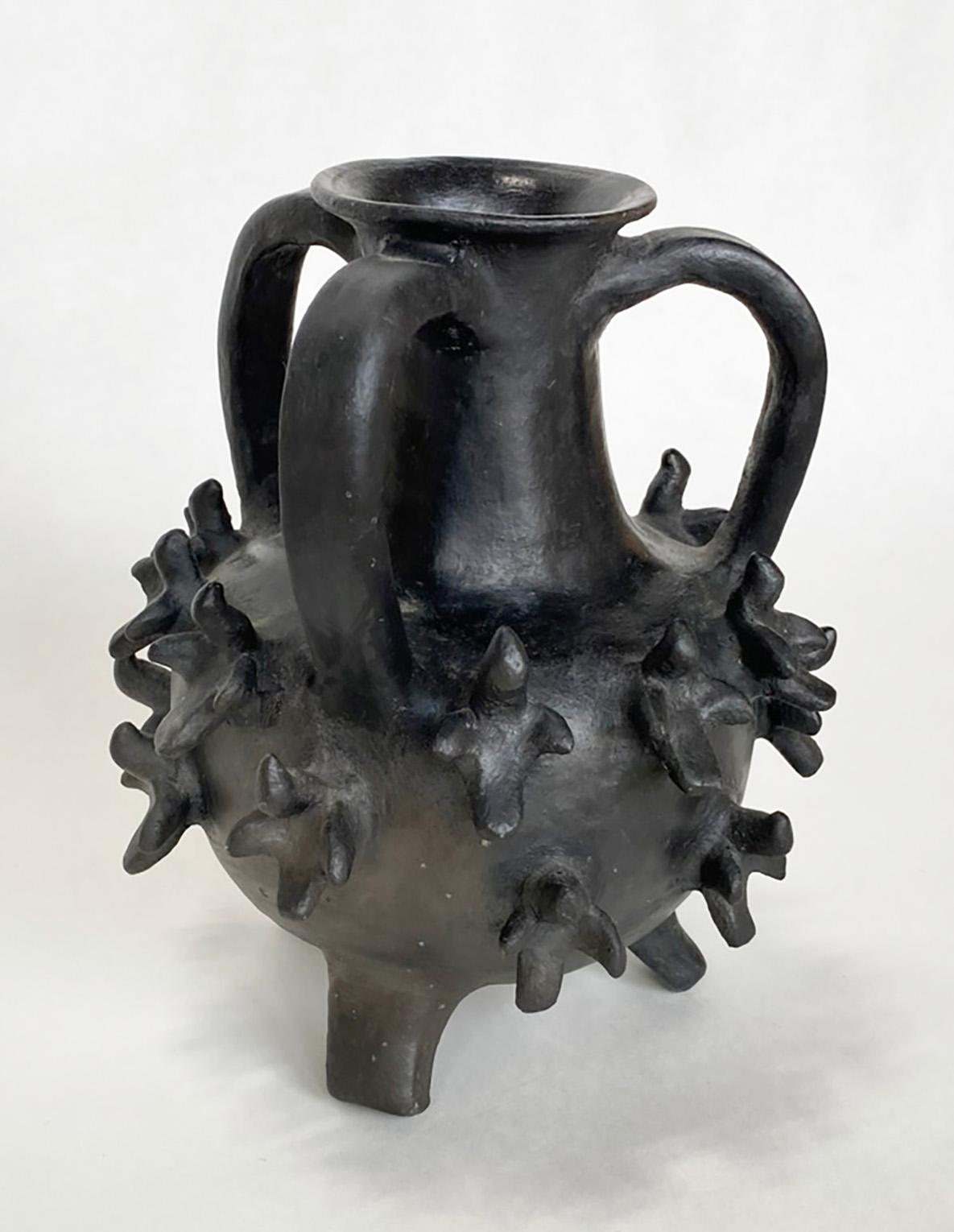 20th Century Herón Martínez Mendoza Barro Negro Three-Handled Vessel with Applied Birds For Sale