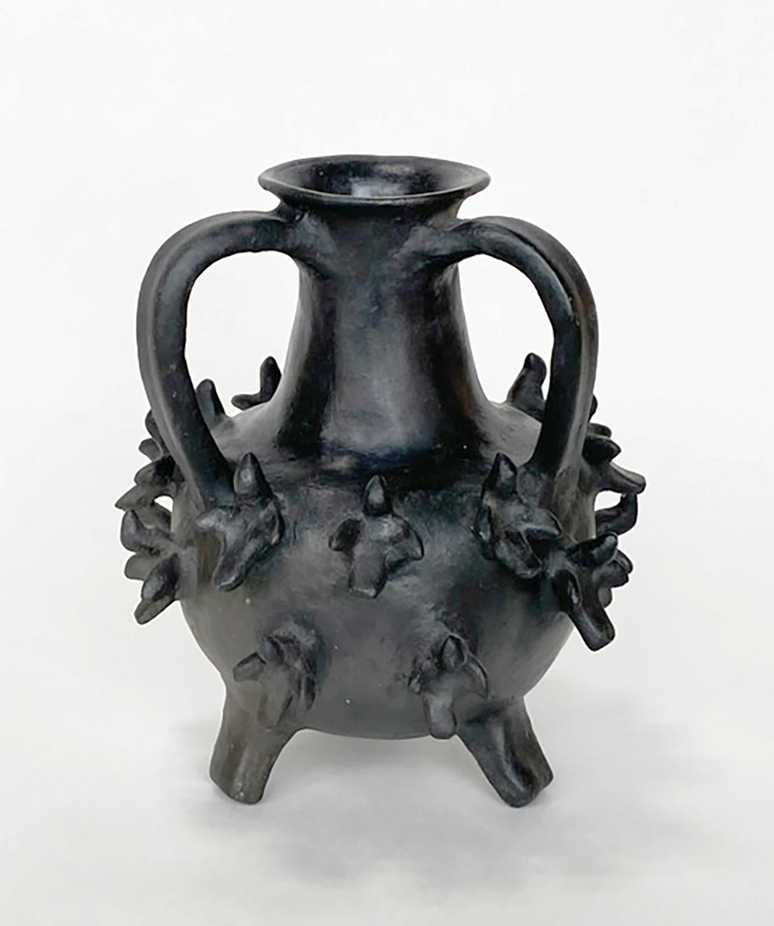 Clay Herón Martínez Mendoza Barro Negro Three-Handled Vessel with Applied Birds For Sale